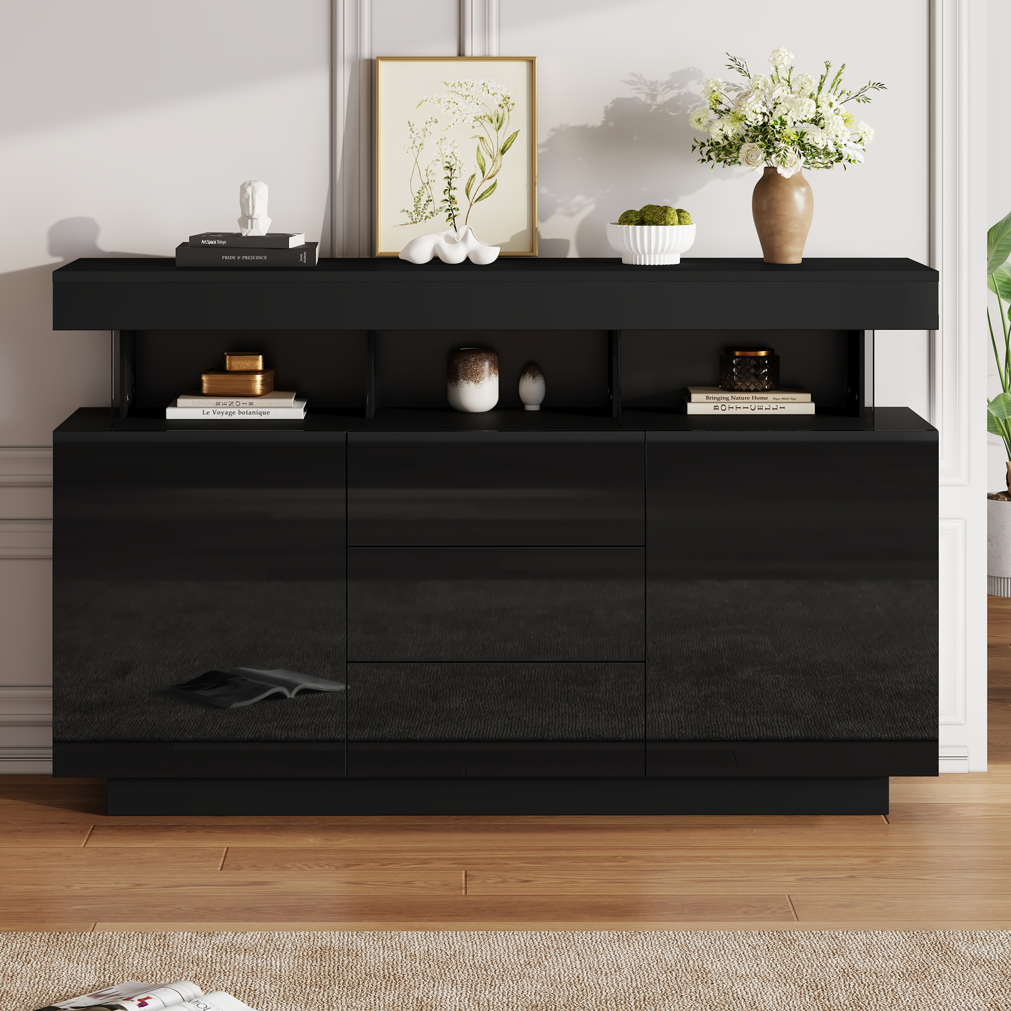 Buffet Noir Acryl Brillant 140x35x80 cm, Meuble en Panneaux de Particules avec 3 Tiroirs et Portes pour Rangement