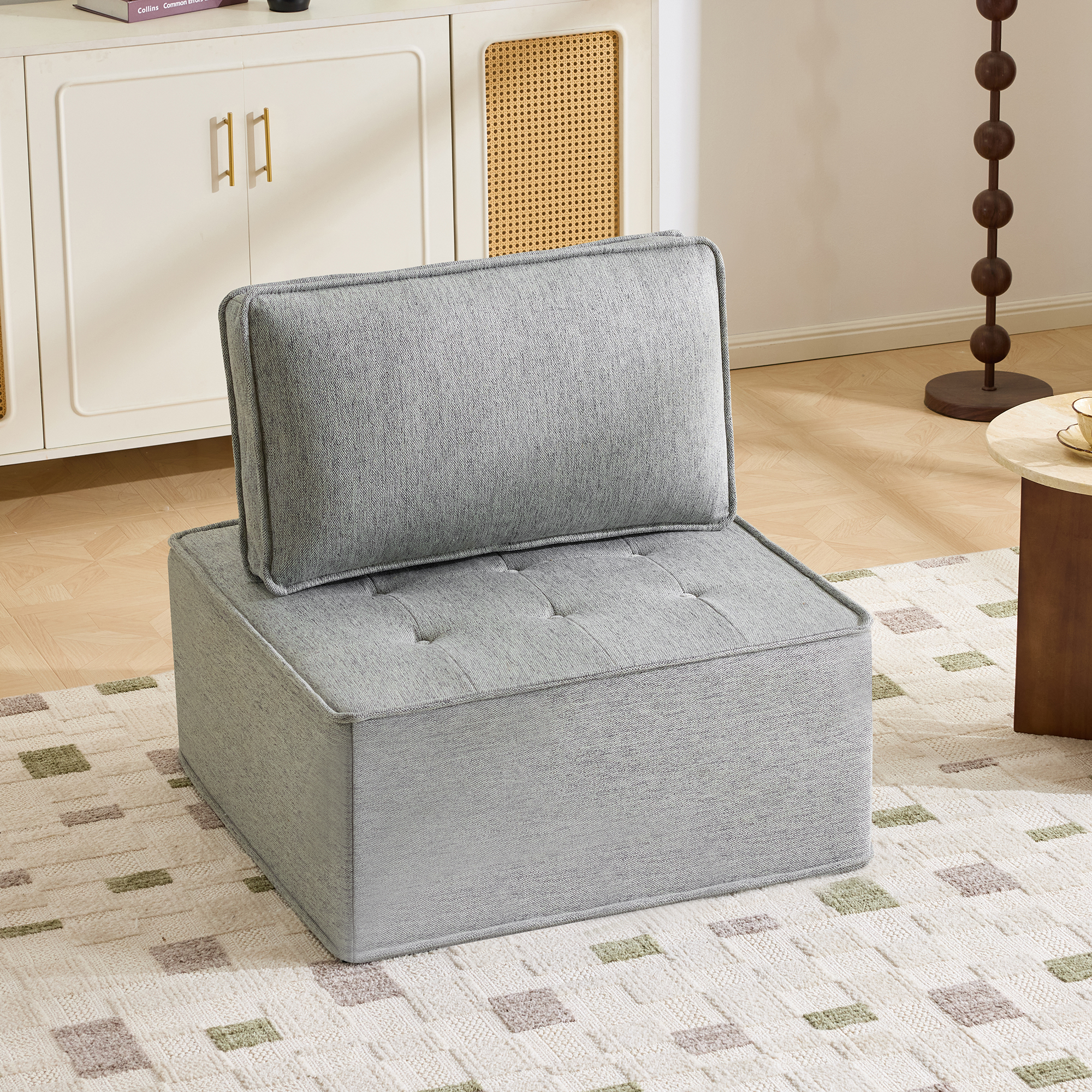 Fauteuil Structure Panneaux De Bois Revêtement Lin Gris Clair Dimensions 81x81cm
