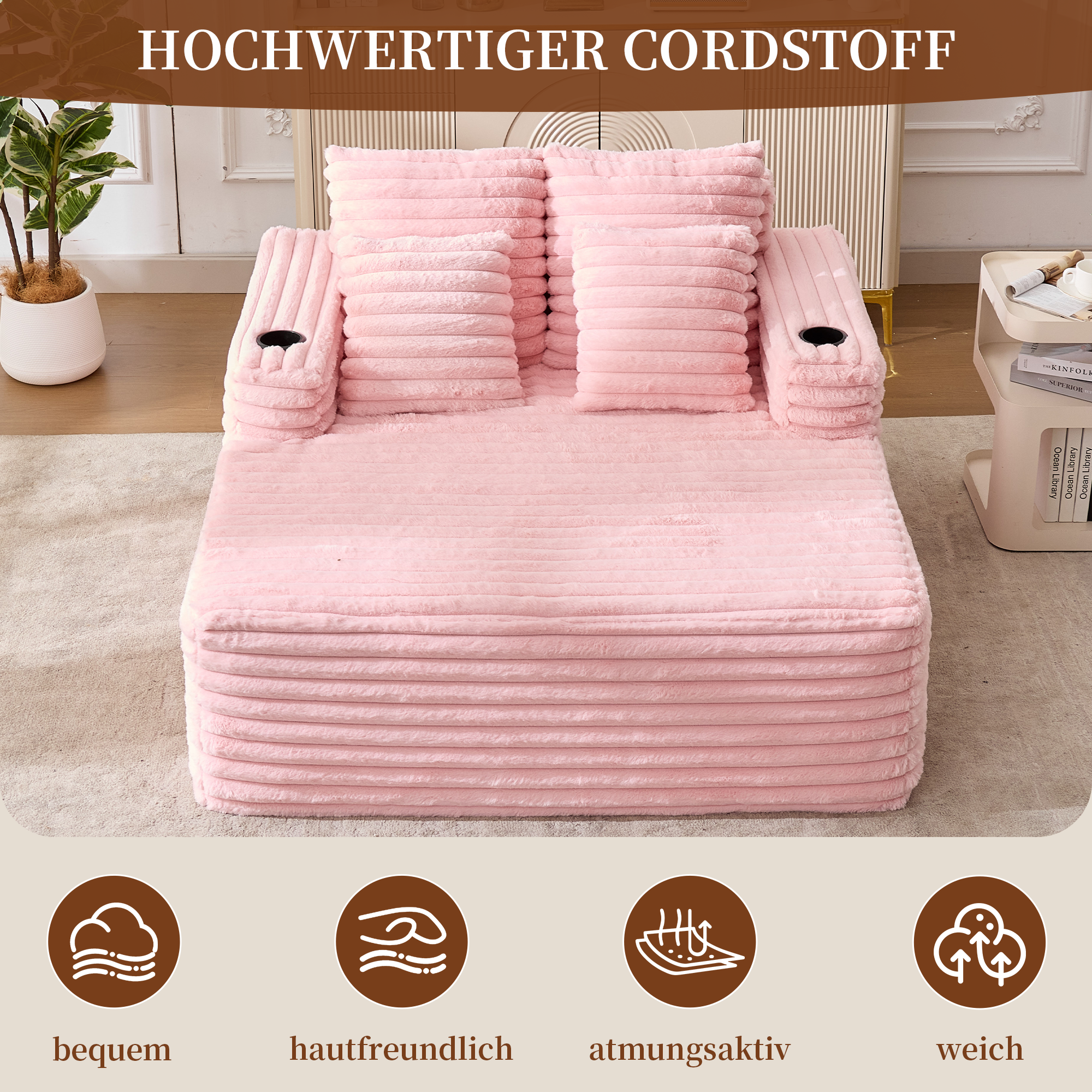 Canapé méridienne en fausse fourrure rose avec porte-gobelets intégrés et assise confortable 135x128x86 cm