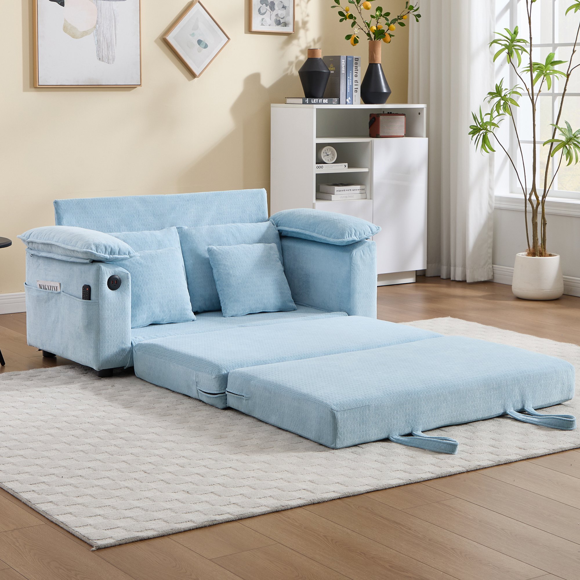 Canapé-lit futon convertible 3 en 1 bleu chenille, lit d'appoint pliant avec poches latérales pour salon et chambre