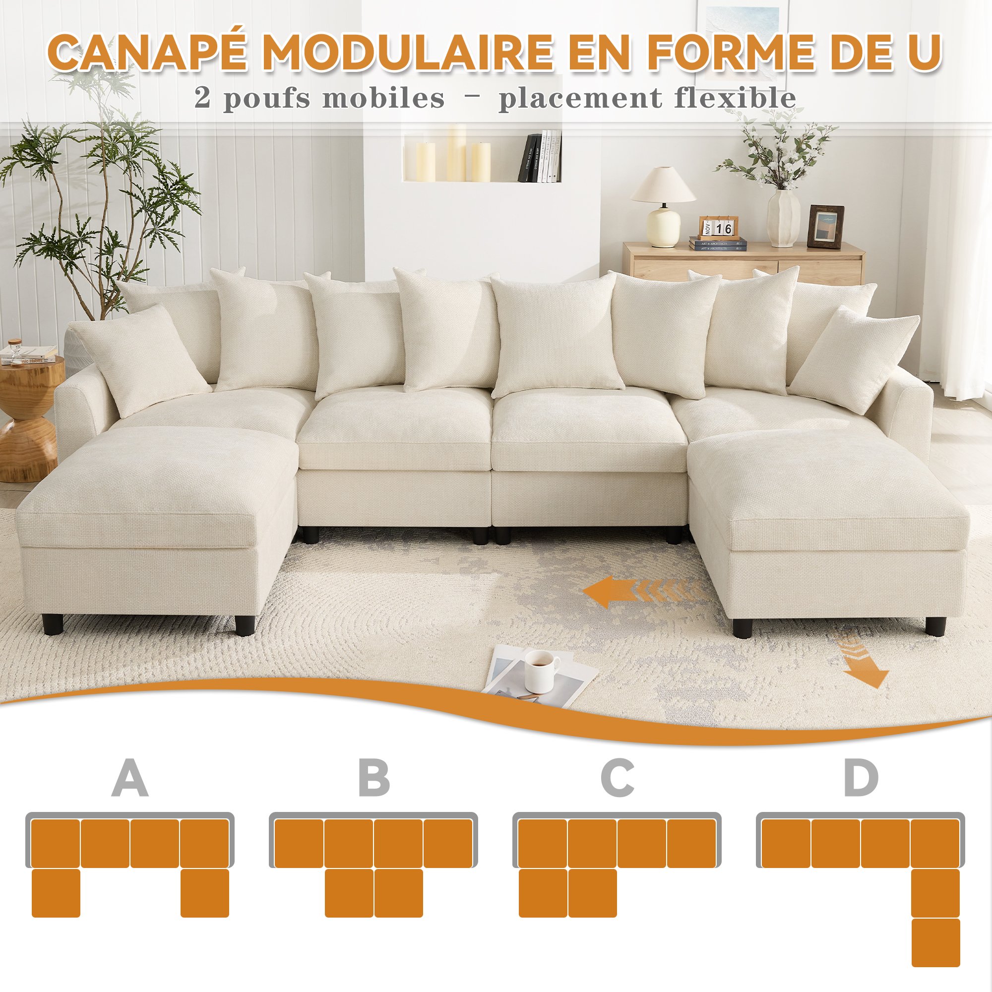 Canapé d'angle modulable 6 places beige en chenille waffle avec 2 poufs, ports USB Type-C et 10 coussins, structure bois massif