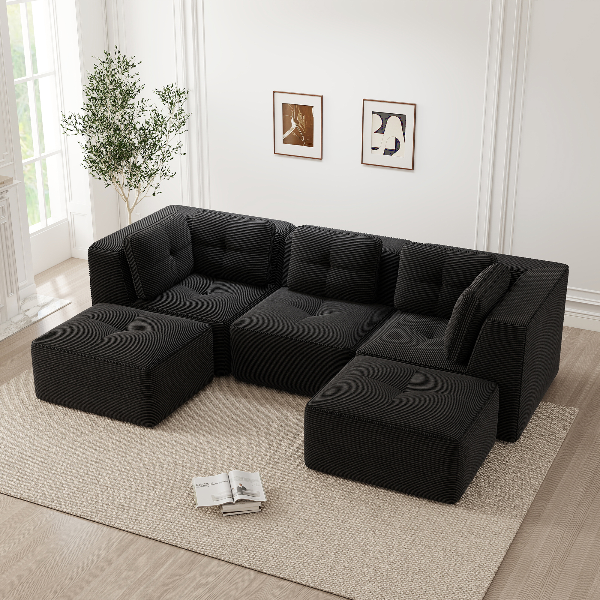 Canapé Modulable Noir Velours Côtelé Résistant Structure Moderne Profondeur 74cm Large Accoudoirs