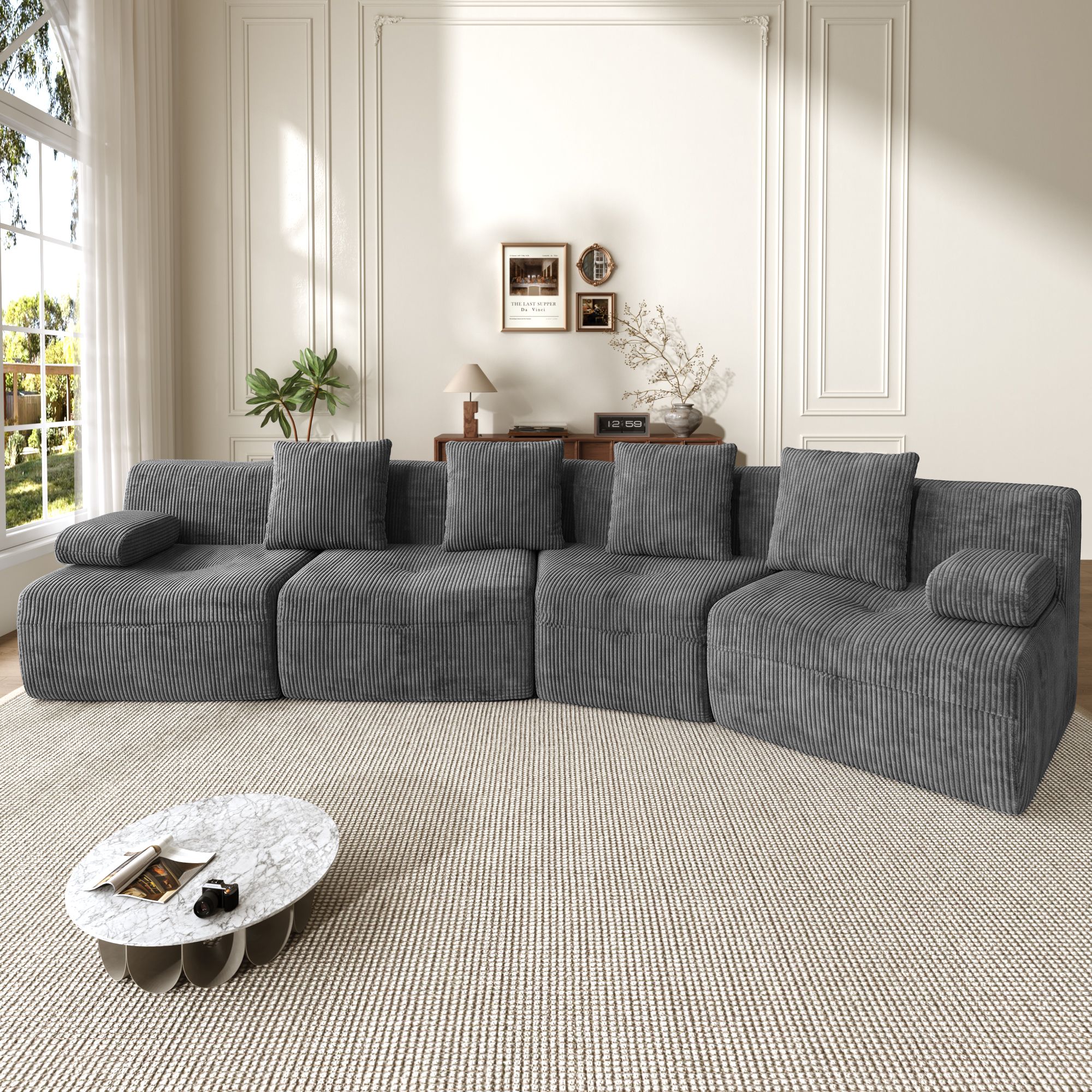 Canapé modulable 4 places en velours côtelé gris foncé, structure sans montage, dimensions 311x90x65 cm, idéal pour salon et appartement moderne