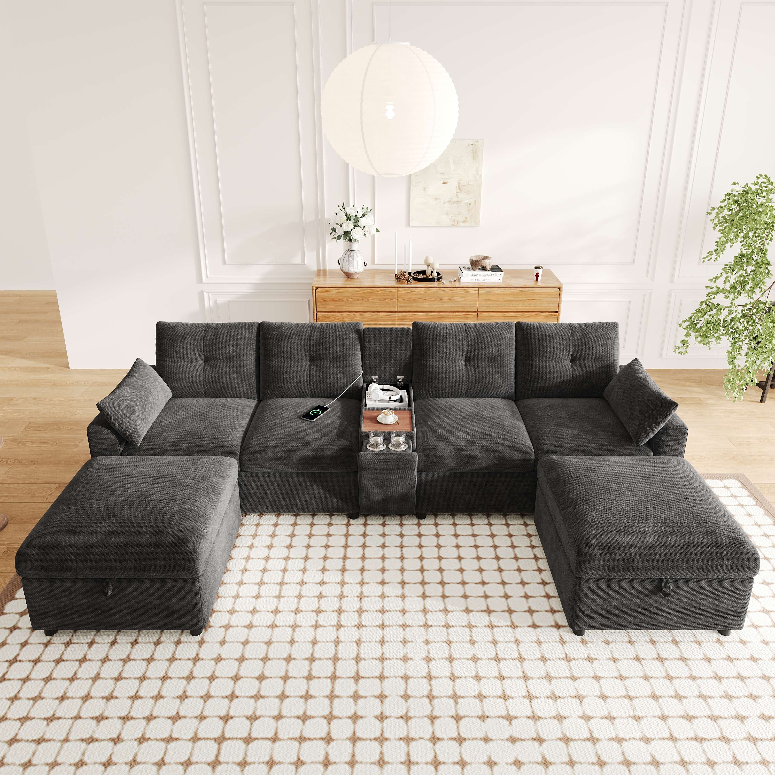 Canapé d'angle modulable 6 places en chenille gris, structure U/L avec poufs de rangement, console centrale USB Type-C et porte-gobelets, dimensions 316x140x84,5 cm pour salon moderne.