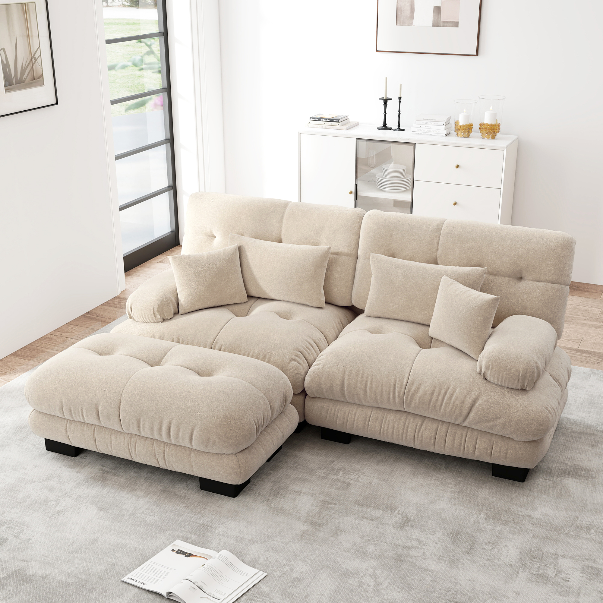 Canapé d'angle 4 places 220x145x81 cm en chenille brun clair avec ottomans et accoudoirs larges
