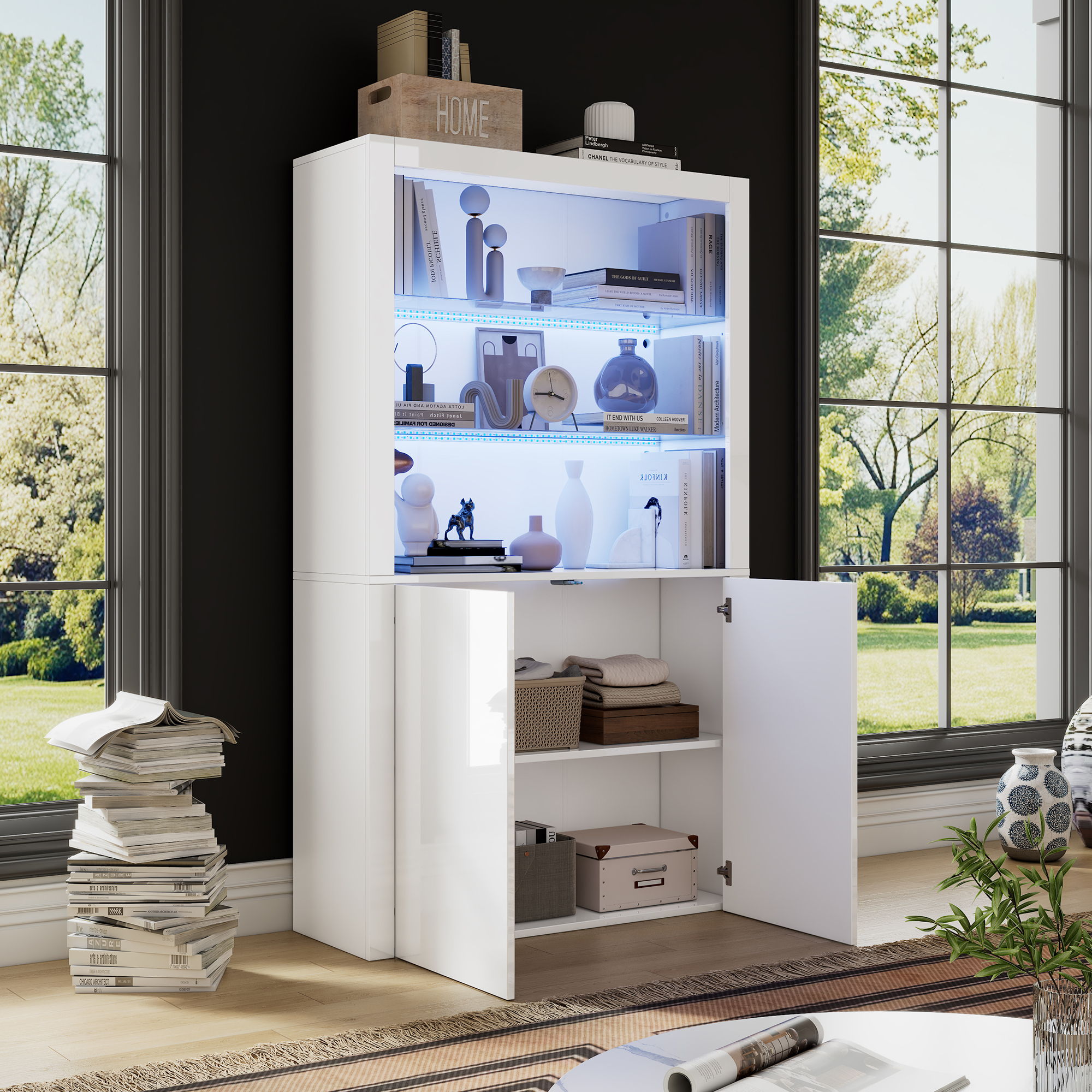 Vitrine LED Blanche Panneau composite de fibres de bois à densité Verre Trempé 100x35x170 cm Meuble Rangement Salon Étagère Exposition Lumineuse Design Moderne