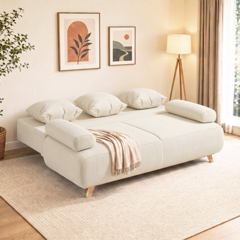 Canapé-lit beige en tissu côtelé avec rangement caché, structure en bois massif et pin, dimensions 188x100x84 cm pour usage quotidien