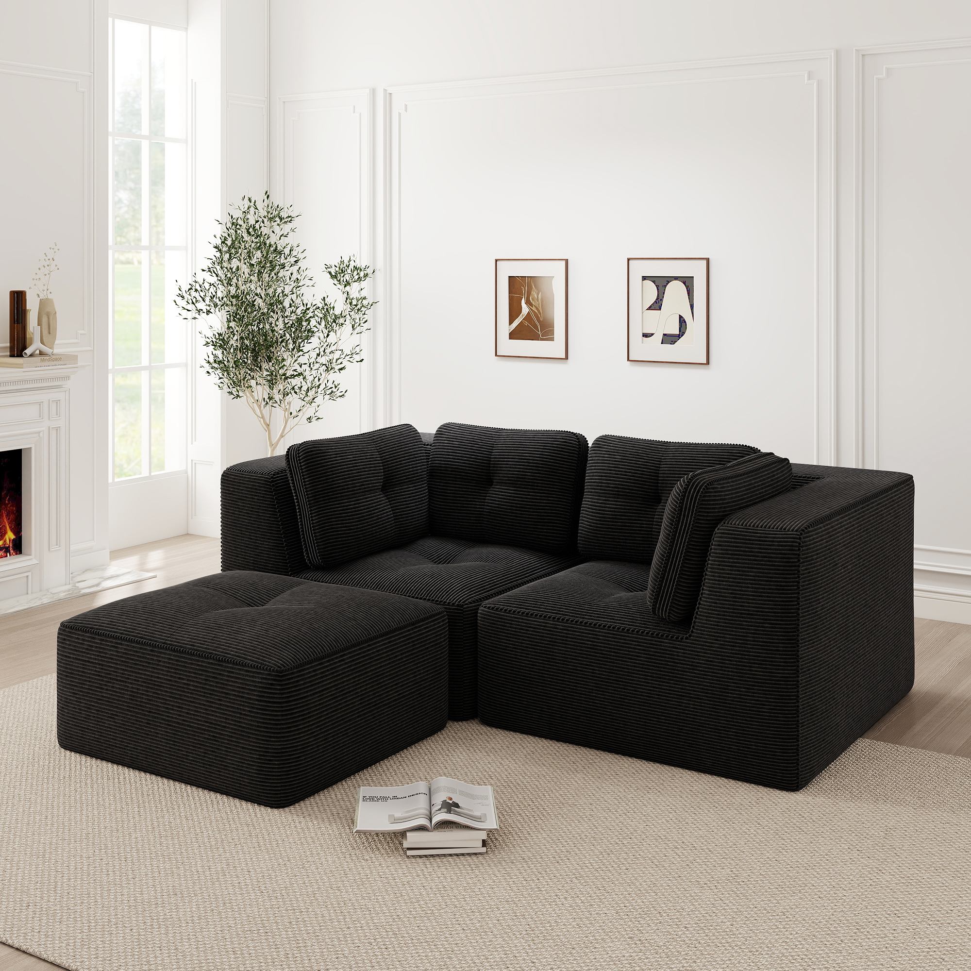 Canapé d'angle modulable revêtu de velours côtelé noir, assise en mousse haute densité 32D, pieds antidérapants et accoudoirs larges