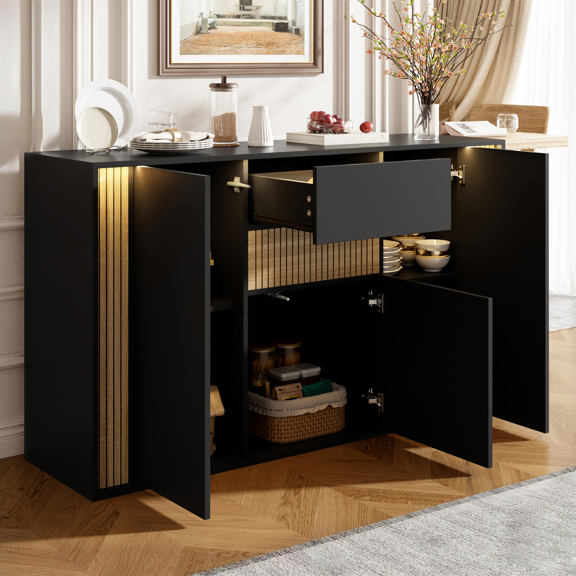 Buffet Panneau de Particules Noir et Bois, Structure Stable 3 Portes 1 Tiroir, Meuble Rangement Moderne 140x82 cm