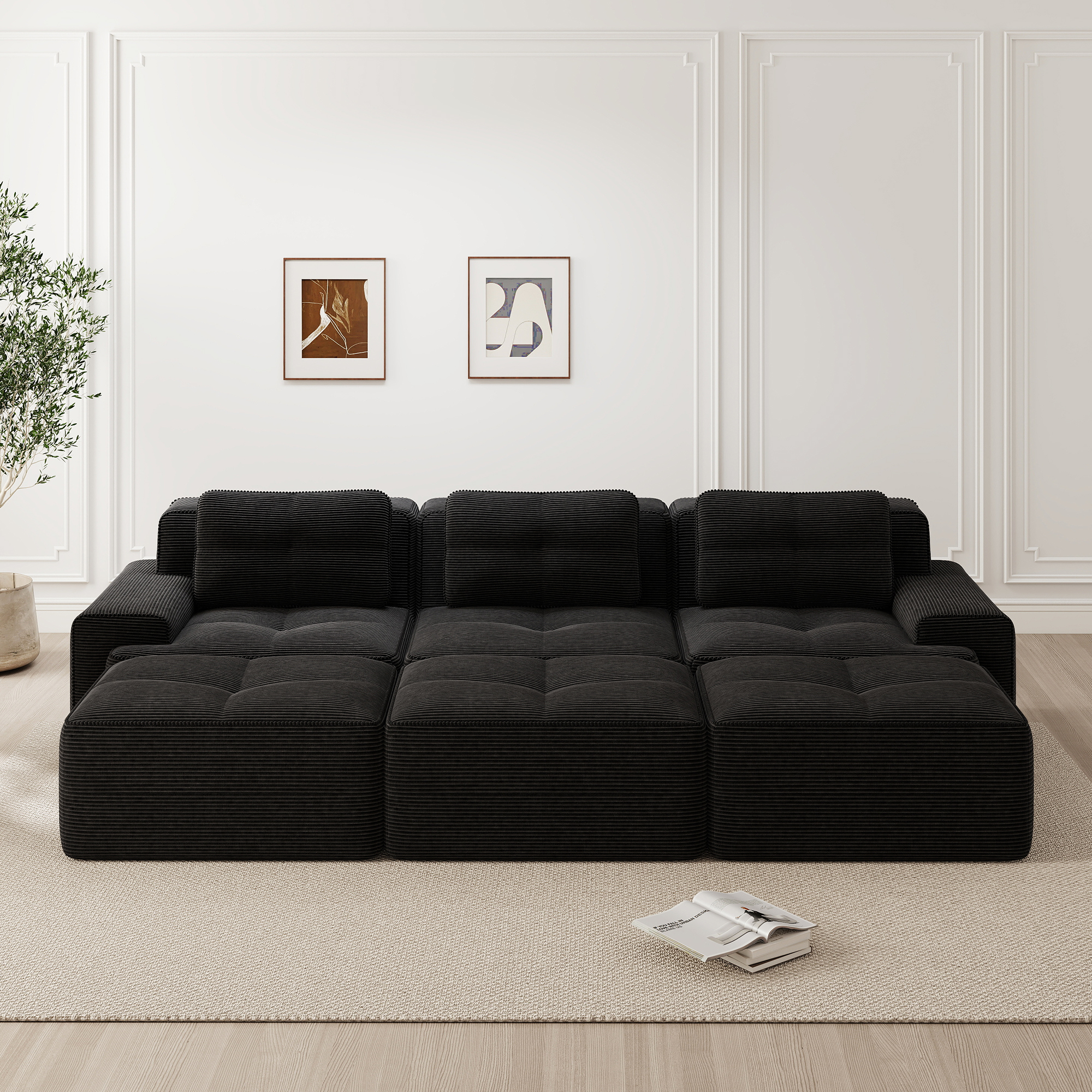 Canapé d'angle Convertible 3 Places Noir Dimensions 293x177x69 cm Tissu Côtelé avec Rangement Sous Coussin