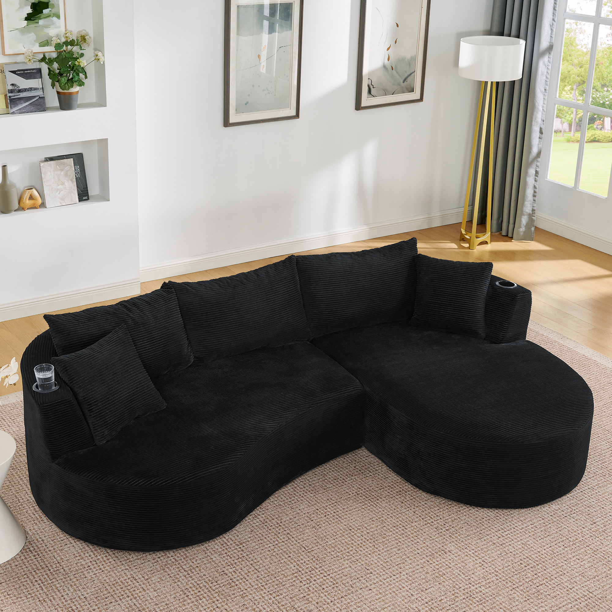 Méridienne Noire Design Contemporain Courbé Tissu Côtelé Avec Portes-Gobelets Pour Appartement Hôtel
