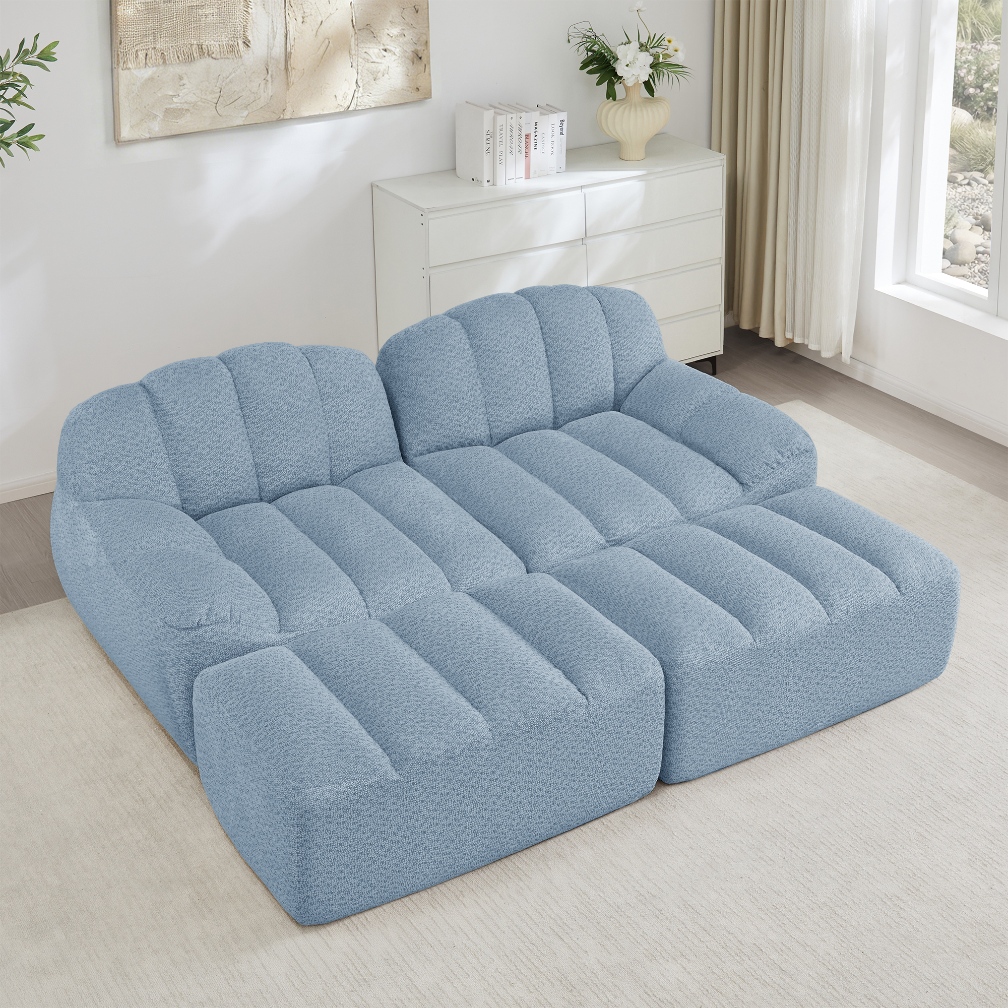 Canapé Modulable 2 Places Bleu, Canapé d'Angle Panoramique Sans Dossier en Tissu Granuleux Peluche avec Rangement Tiroir Intégré pour Salon Moderne