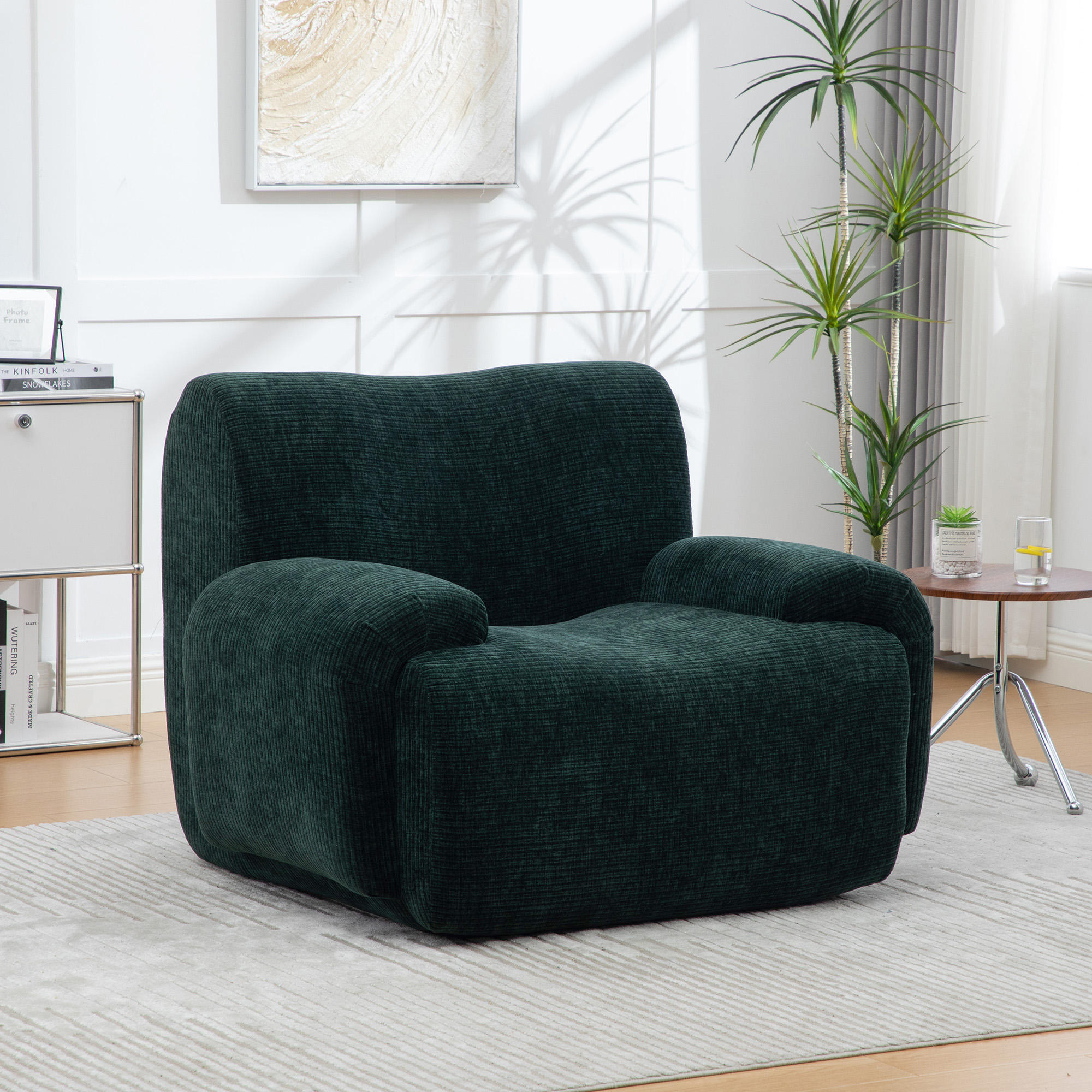 Fauteuil Chenille Vert avec Repose-Pieds, Canapé Individuel Rembourré pour Salon et Petit Espace
