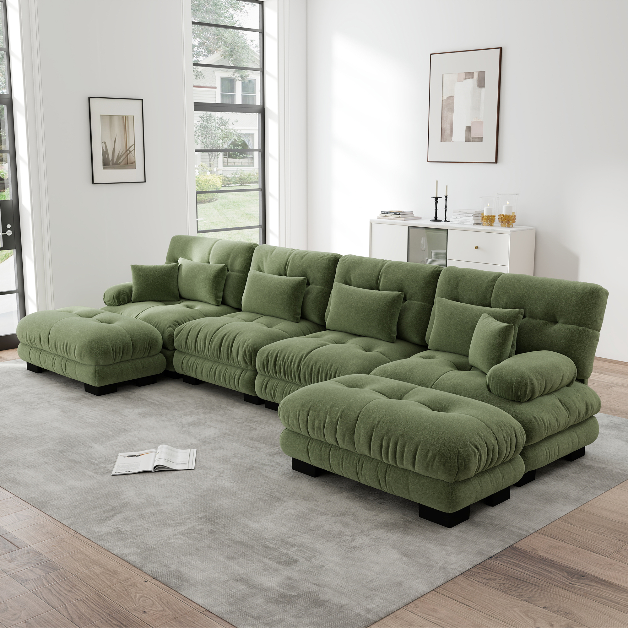 Canapé Cloud Vert 4 Places, Canapé Modulable En Chenille Avec Ottoman Mobile, Design Moderne Pour Salon Spacieux