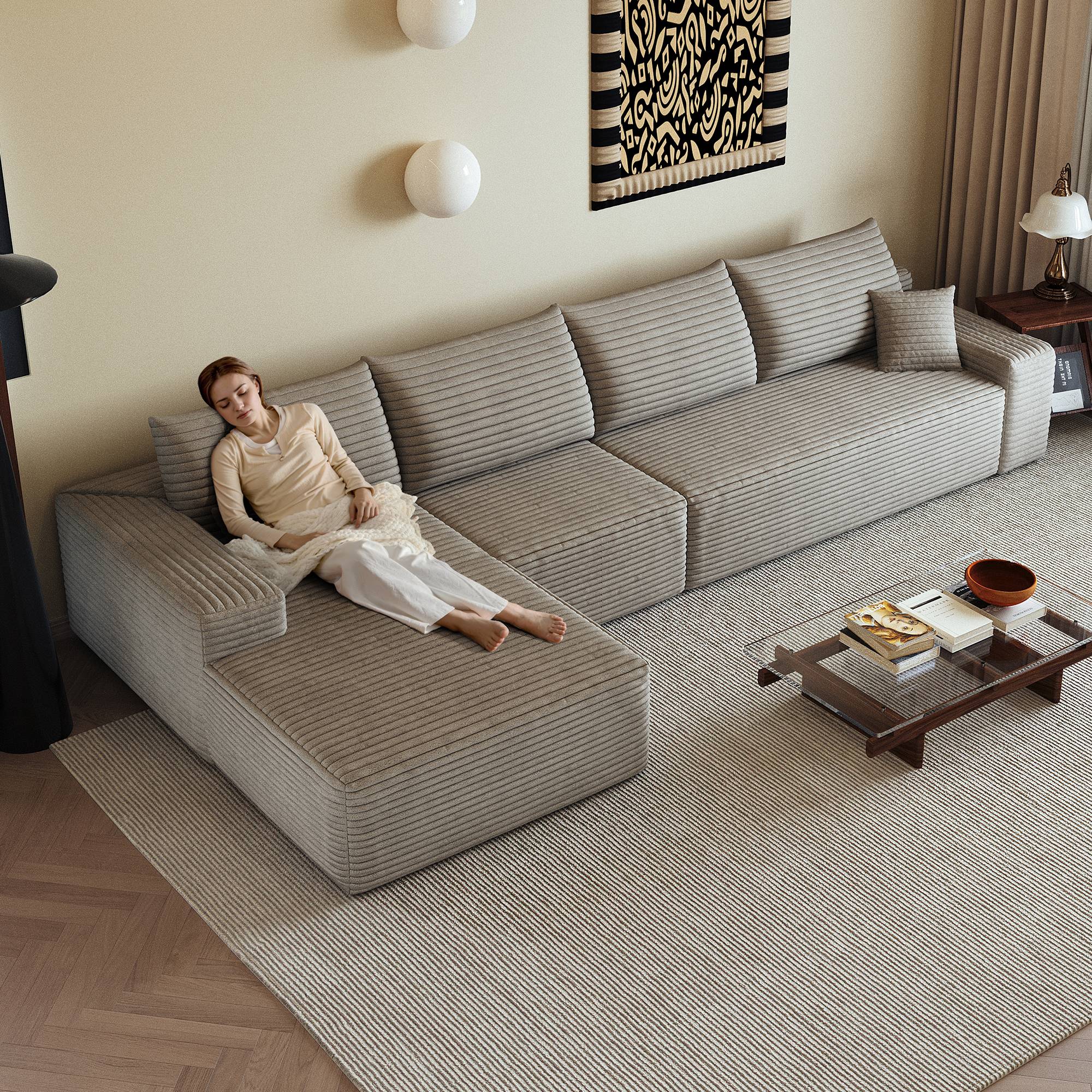 Grand canapé d'angle 340cm largeur, profondeur 175cm, hauteur 83cm, assise large et confortable, livraison compacte en 3 colis
