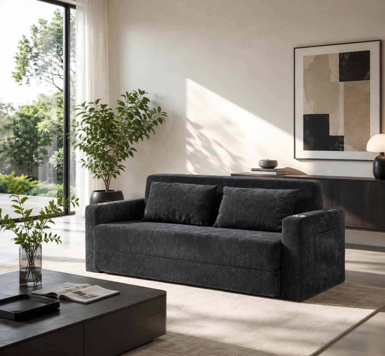 Canapé-lit 2 places en tissu chenille noir et gris, convertible avec ports USB, poches magazines et coussins inclus, dimensions 153x77x65 cm