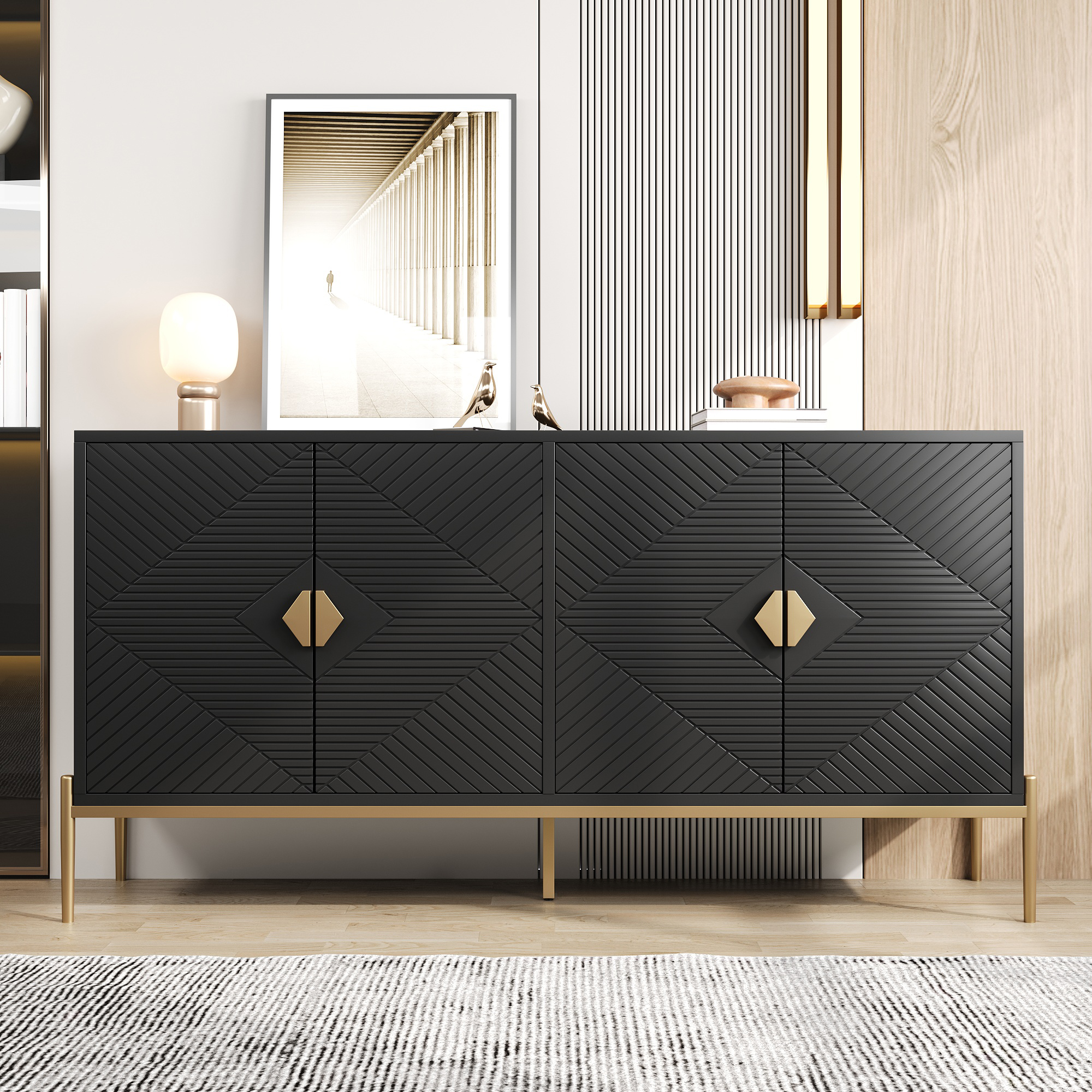 Buffet Noir Design Géométrique Contemporain, Meuble Rangement Entrée 162x40x80 cm avec 4 Portes et Poignées Dorées
