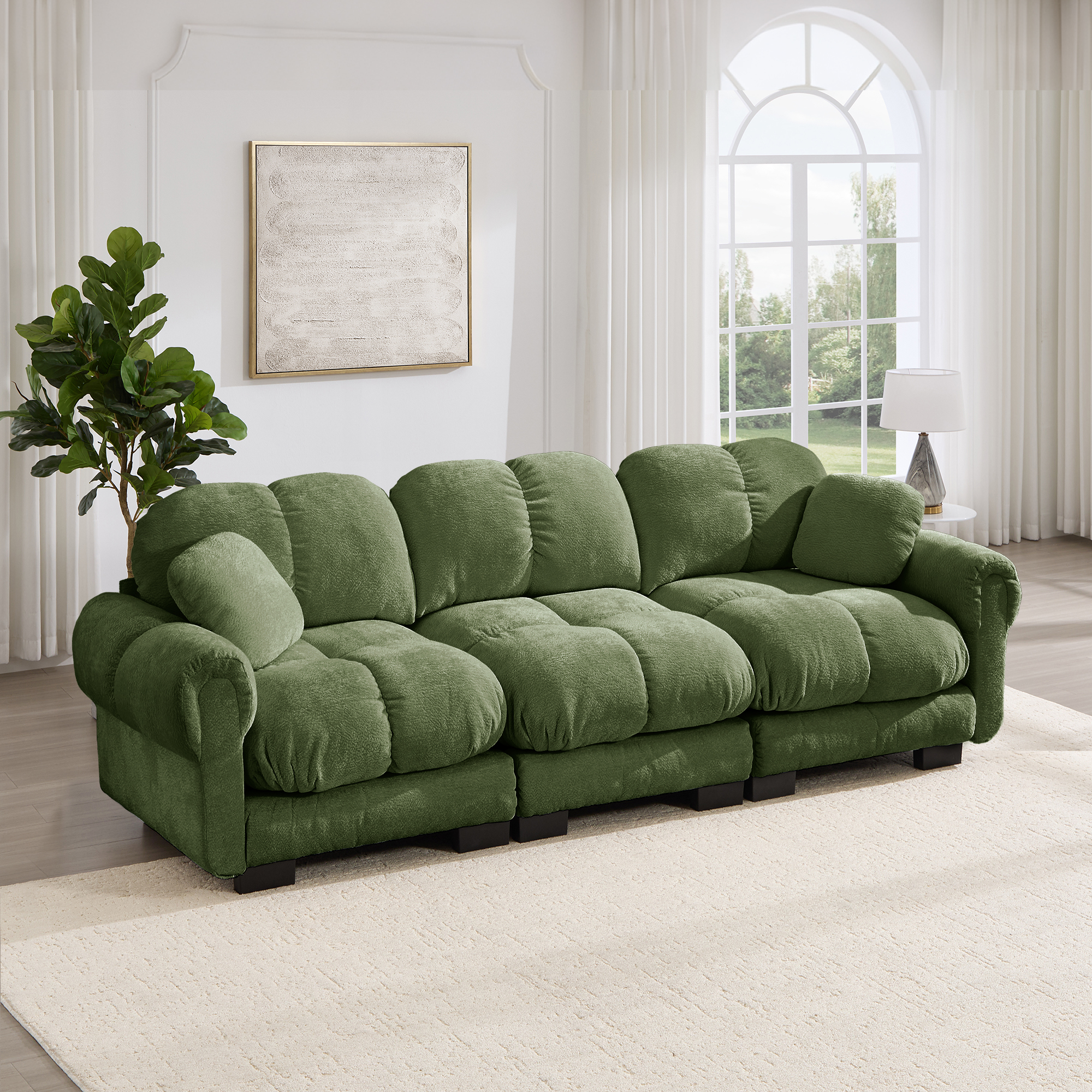 Canapé Modulable 3 Places en Chenille Vert, Design Contemporain Ergonomique, Assise Épaisse et Confortable pour Salon Moderne