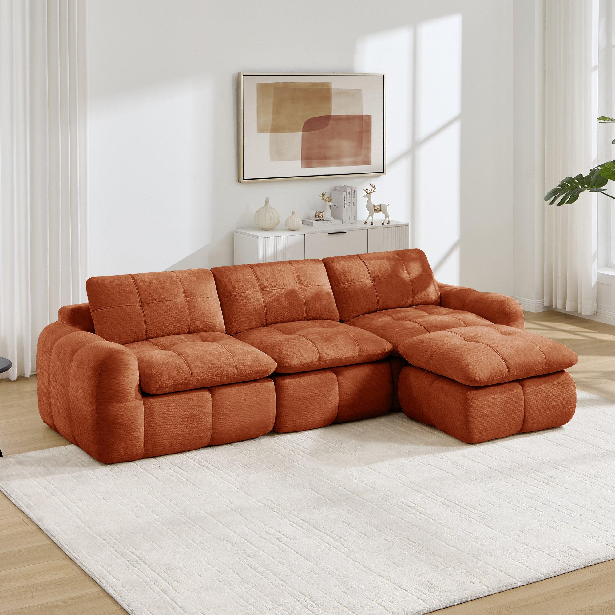 Grand canapé d'angle 264x160x68 cm, capacité 750 kg, 3 places + ottoman inclus, livraison en 4 colis, format spacieux pour famille