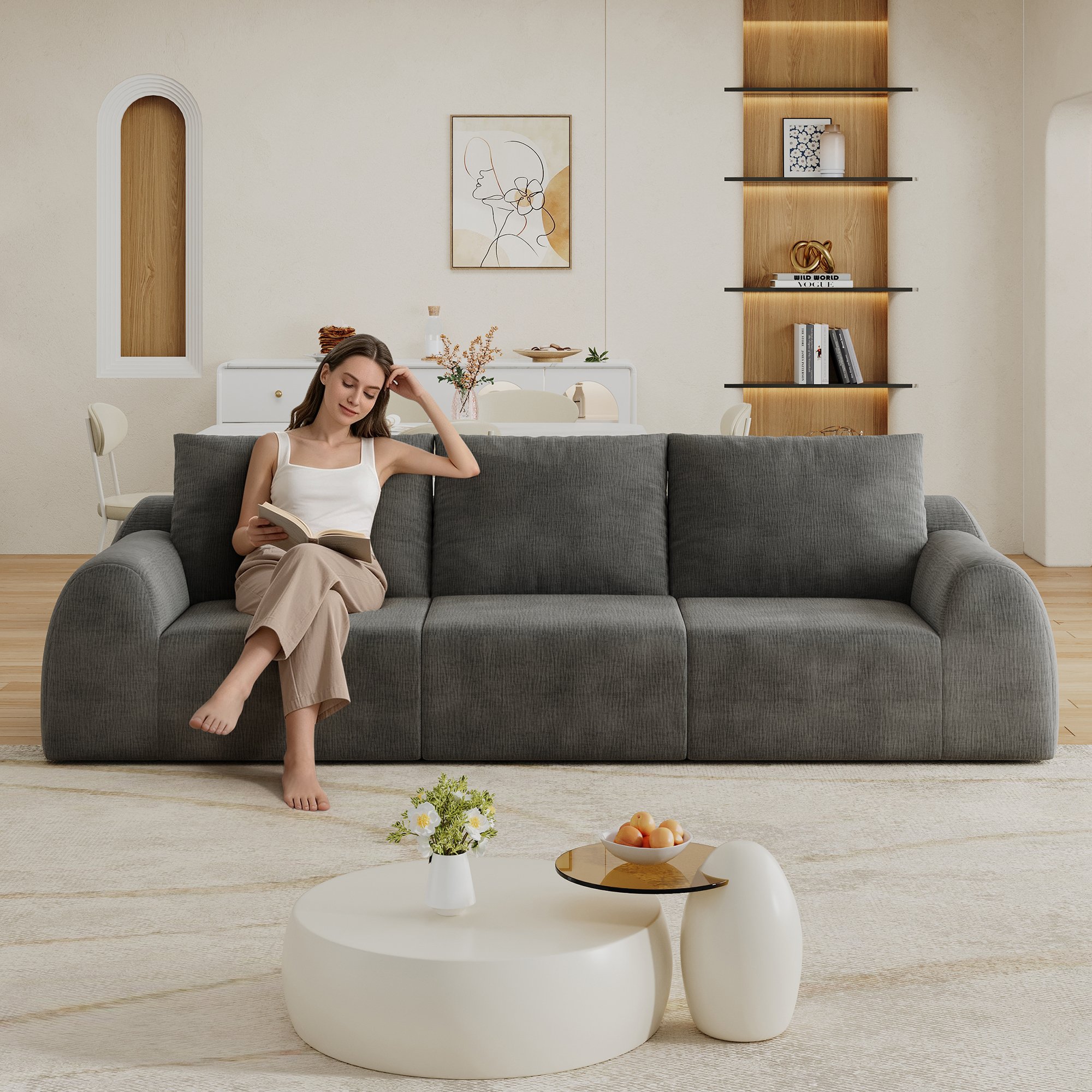 Canapé droit 257x95x85 cm en tissu chenille gris foncé, rembourrage mousse haute élasticité, sans montage requis pour salon et chambre