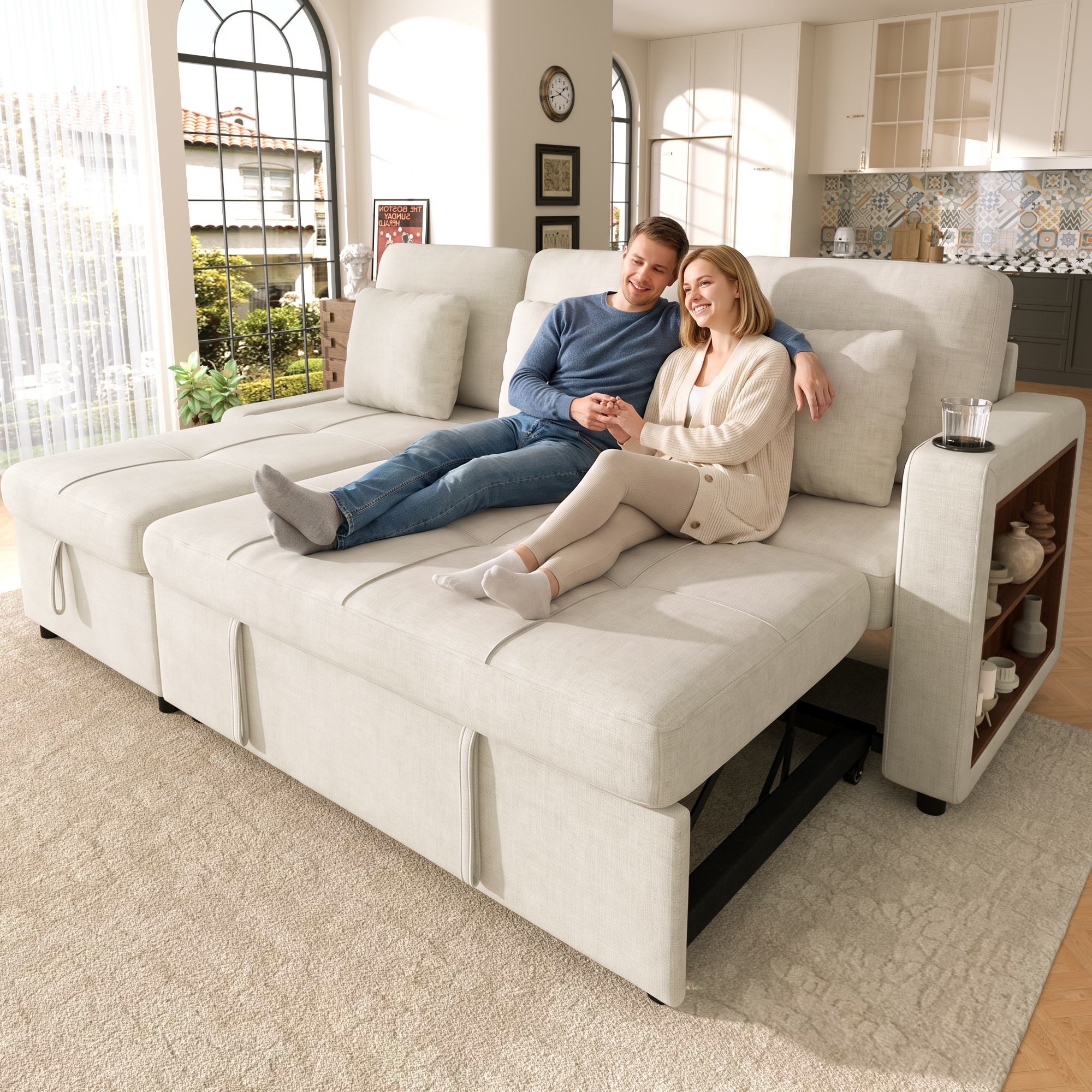 Canapé Convertible 3 Places Chenille Beige Clair - Canapé-Lit Extensible avec rangement de Rangement et Récamière
