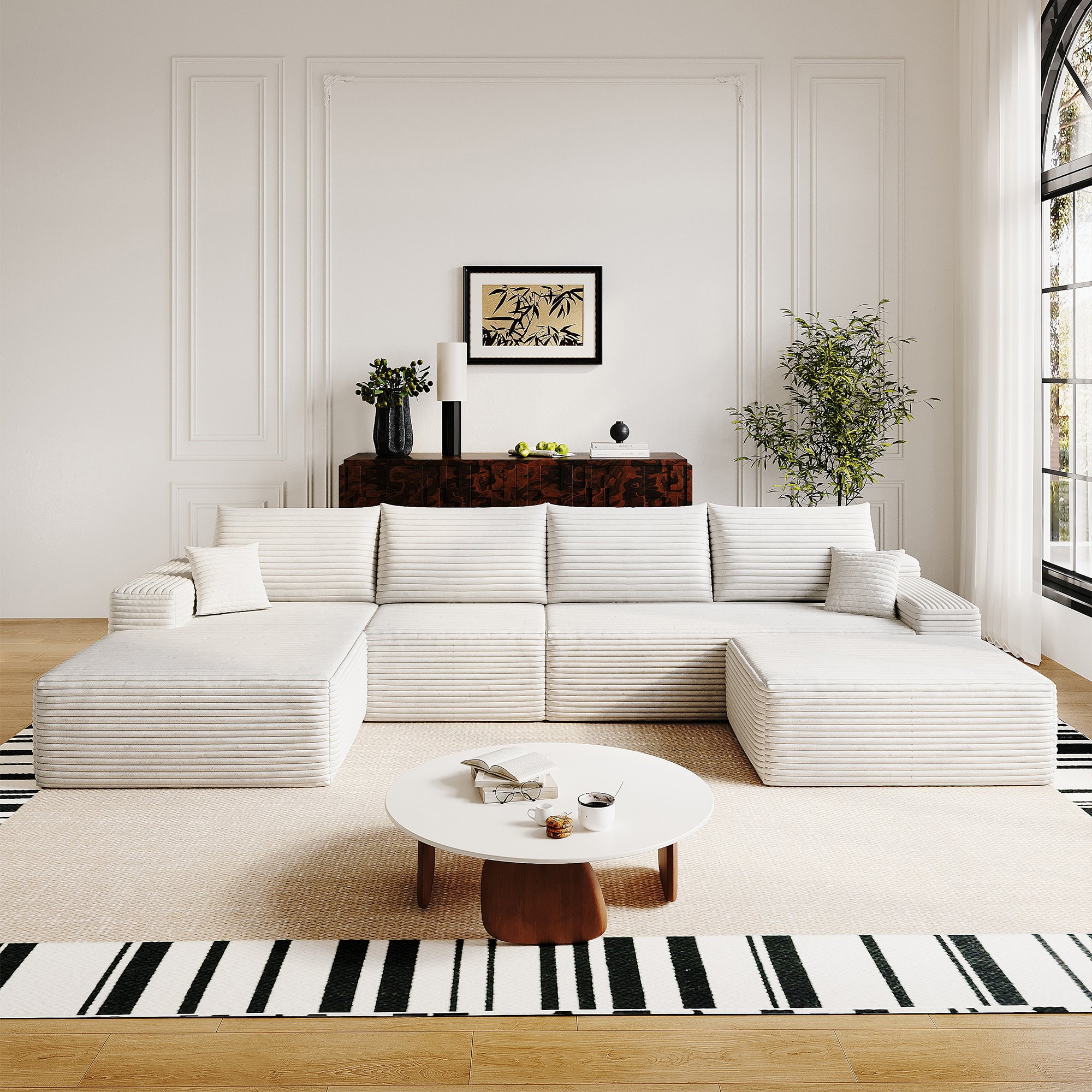 Canapé d'angle blanc 340cm sans montage, tissu velours côtelé, mousse haute densité, format L avec méridienne pour salon moderne