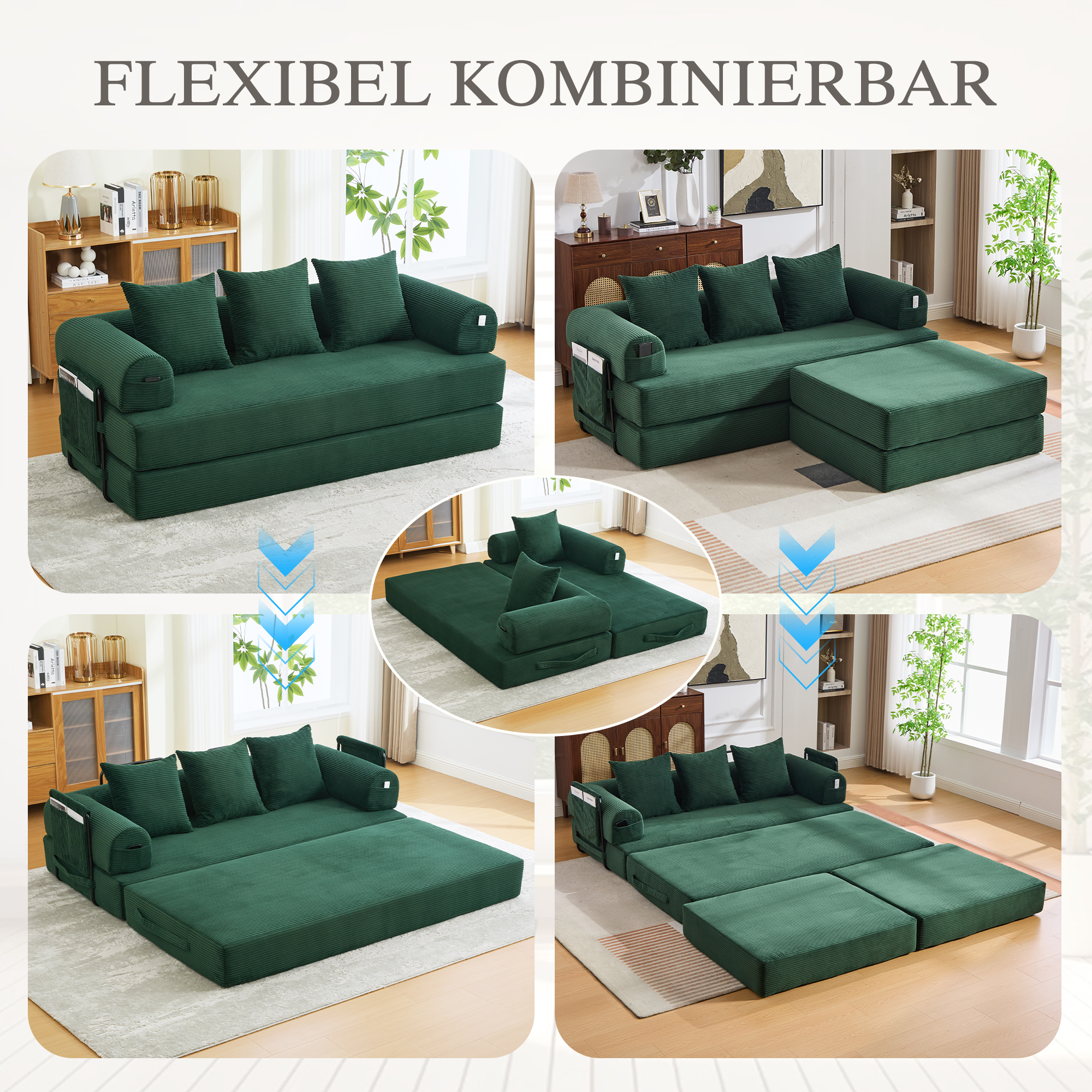 Canapé d'angle convertible modulable sans montage avec pouf et pochette latérale vert émeraude