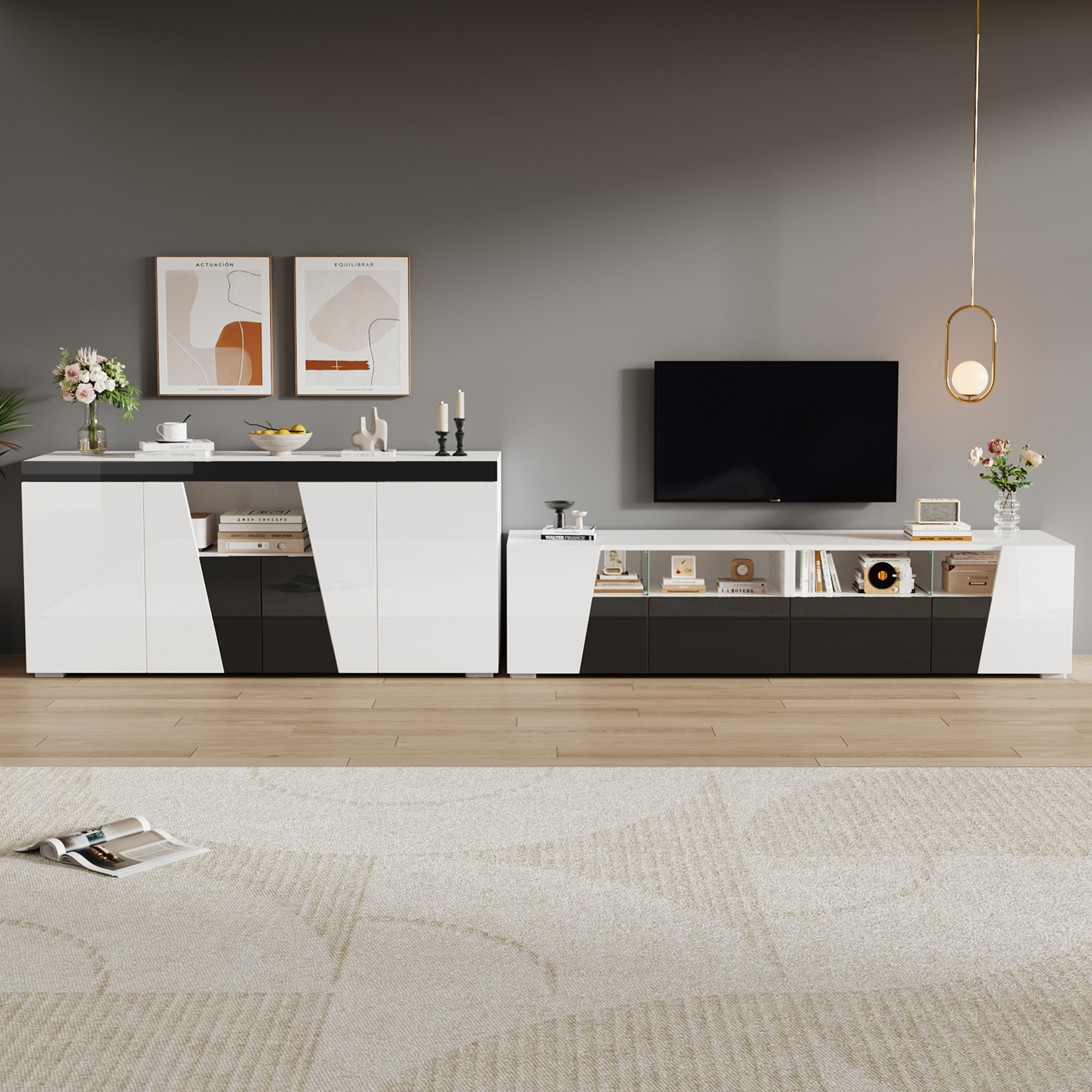 Meuble TV LED Intelligent avec Contrôle Bluetooth et Rangement, Design Moderne Blanc Noir pour Salon
