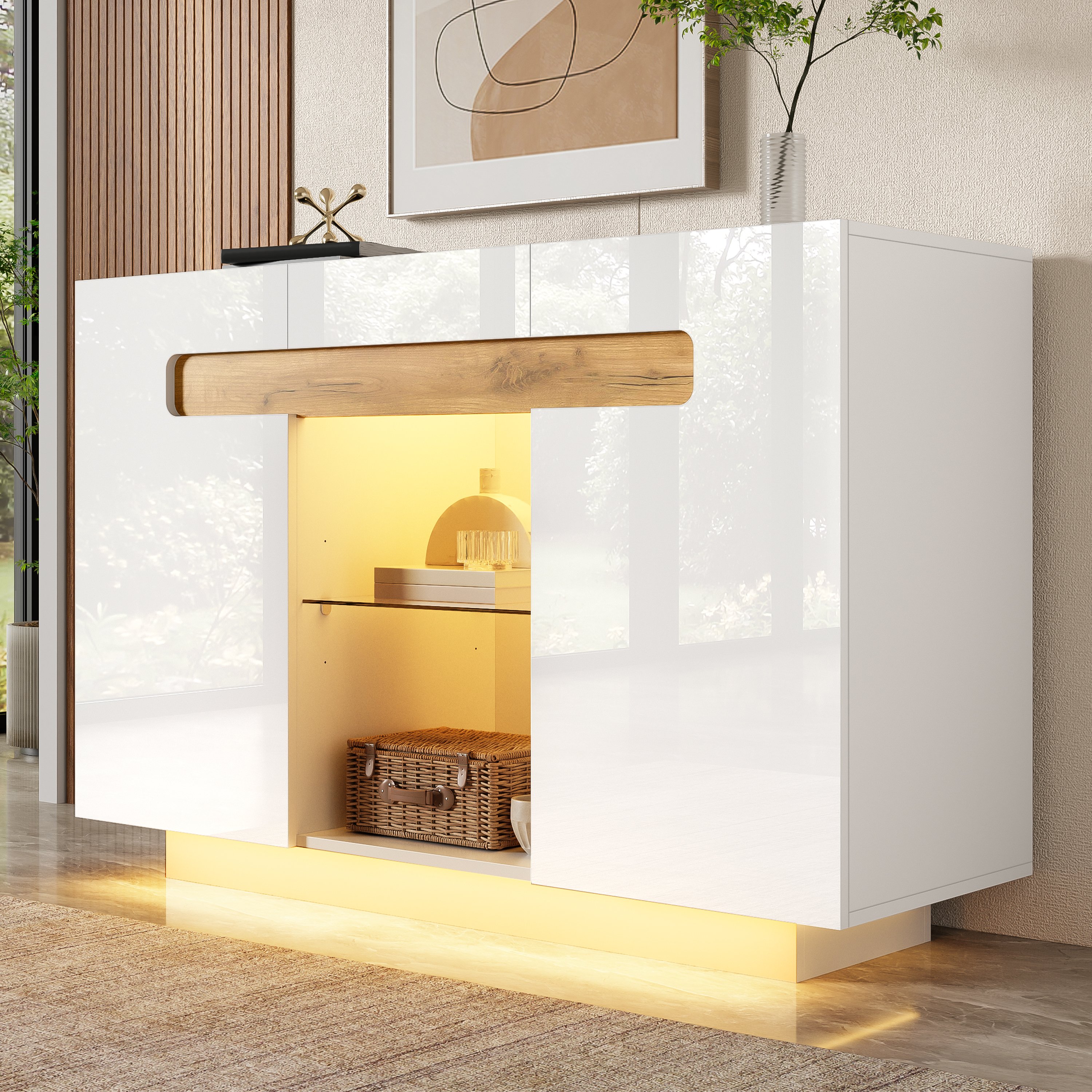 Buffet Contemporain Blanc et Bois Naturel 120x40x80 cm, Meuble TV avec LED Couleur Modifiable App et Étagères en Verre Trempé