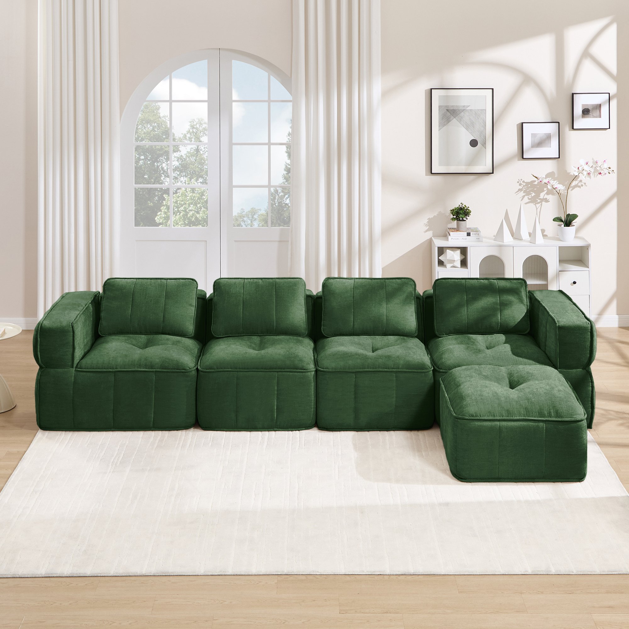 Canapé d'angle modulable 4 places vert en polyester sans cadre avec pouf, assise profonde et mousse haute densité pour salon moderne