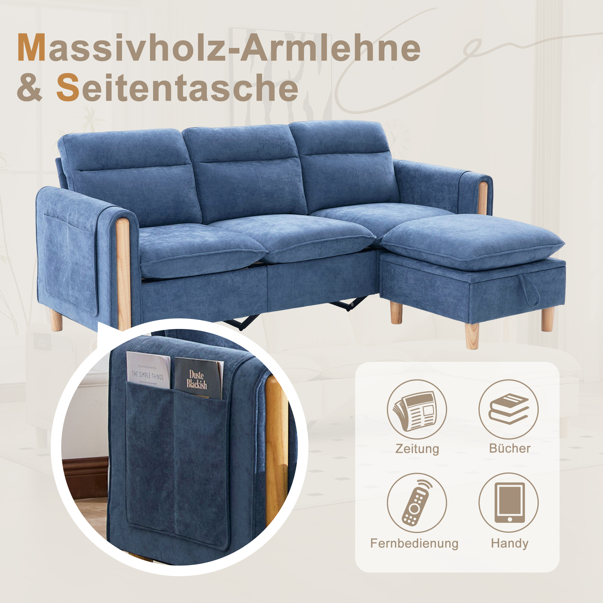 Canapé d'angle L 3 places en chenille bleu avec coffre, méridienne réversible et pouf de rangement
