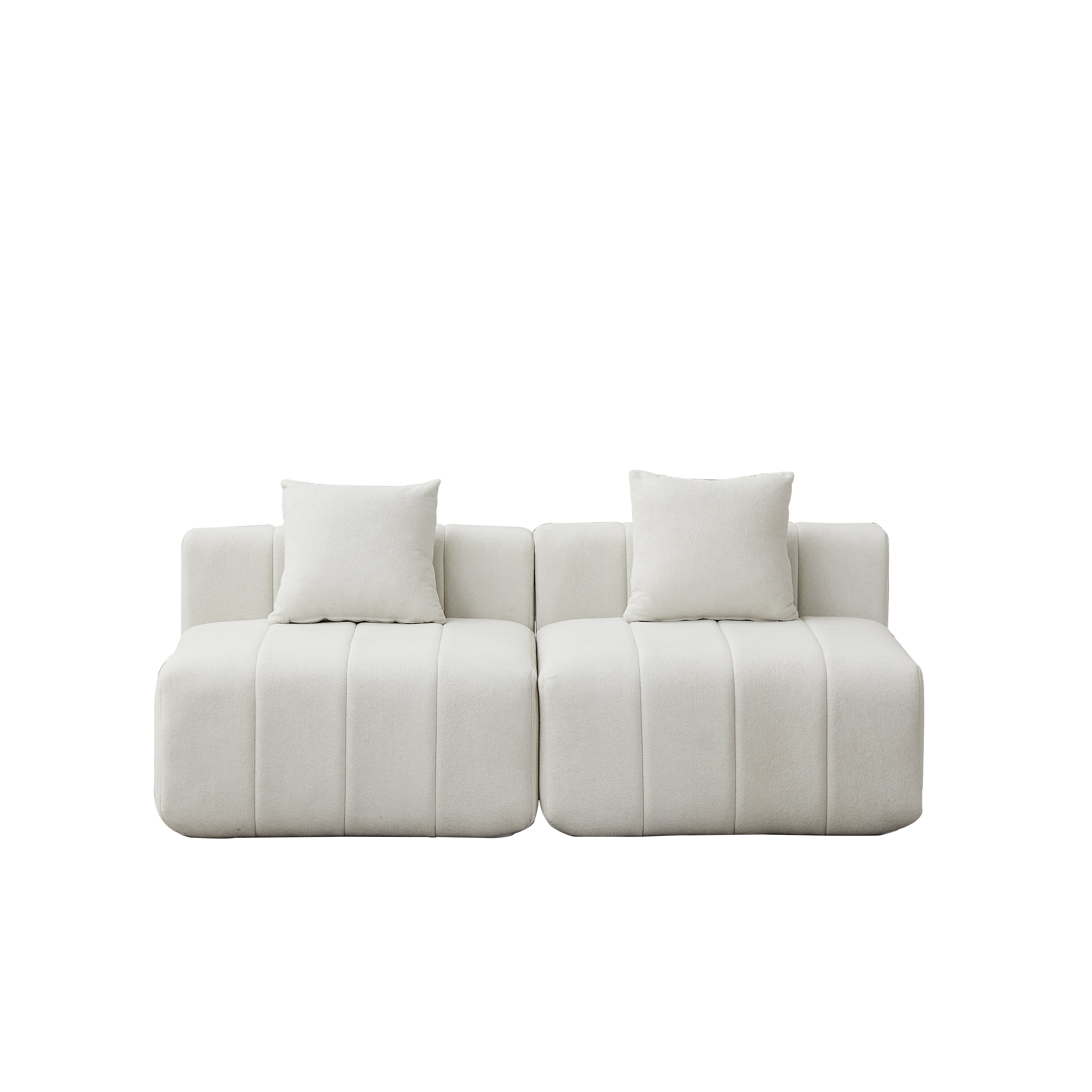 Canapé modulaire beige en tissu chenille, ensemble sans montage avec coussins, style touches de piano pour salon ou bureau