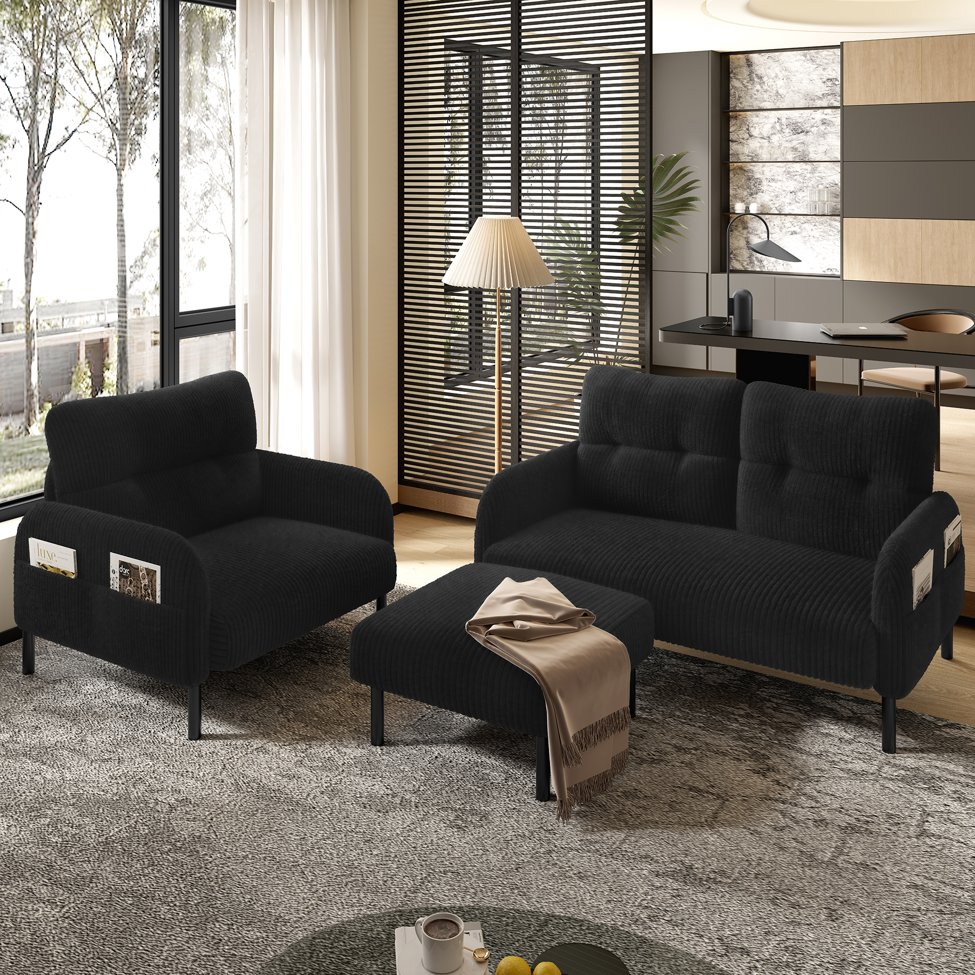 Canapé 2 places noir 120x75x79 cm avec fauteuil et pouf, structure métal et bois et assise profonde