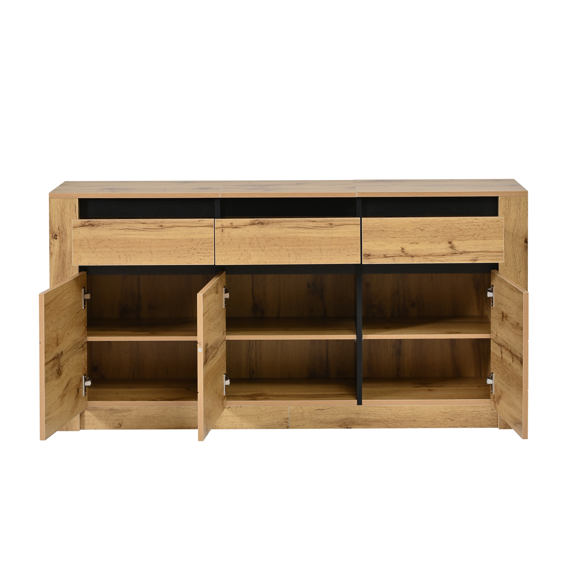 Buffet Moderne 140x35x70cm avec 3 Tiroirs et 3 Compartiments, Meuble de Rangement Salon Bois Naturel Aggloméré