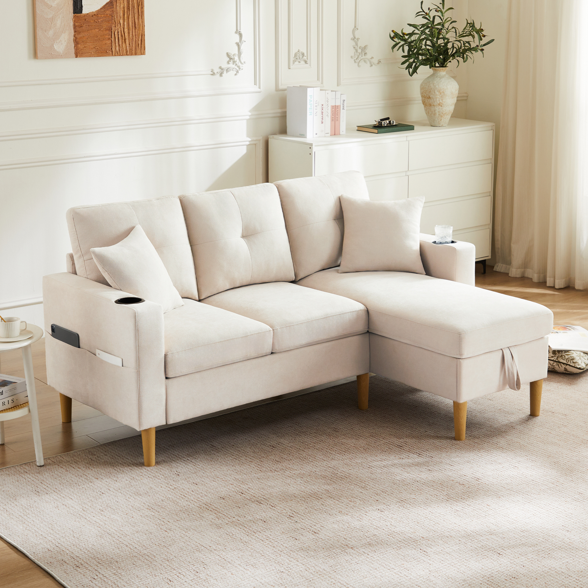 Canapé d'angle 3 places avec chaiselongue réversible, porte-gobelets et rangement sous assise