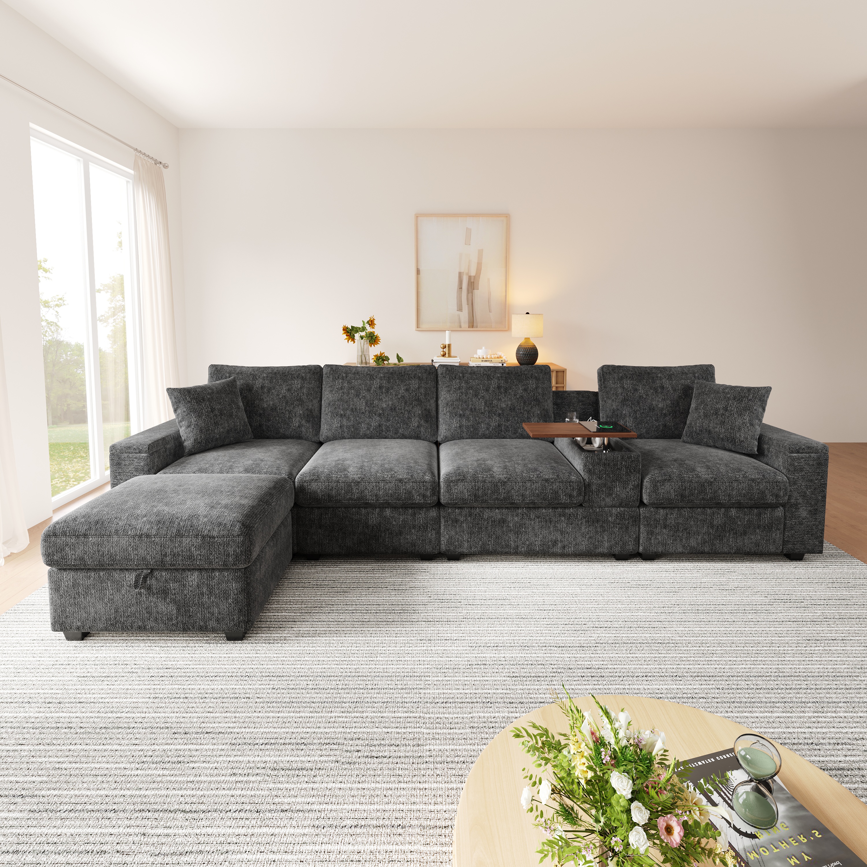 Canapé d'angle 5 places avec coffre, ports USB et Type-C, porte-gobelets et table basse pivotante