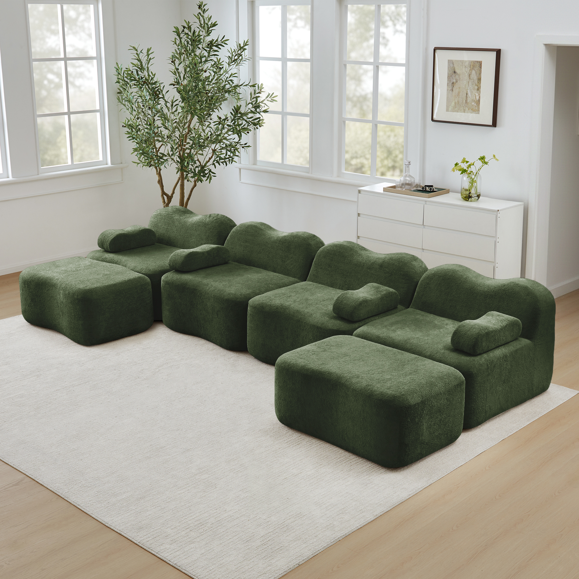 Canapé Modulable 4 Places Panoramique En Velours Vert Avec Rangement Intégré Et Coussins Mobiles Pour Salon Moderne