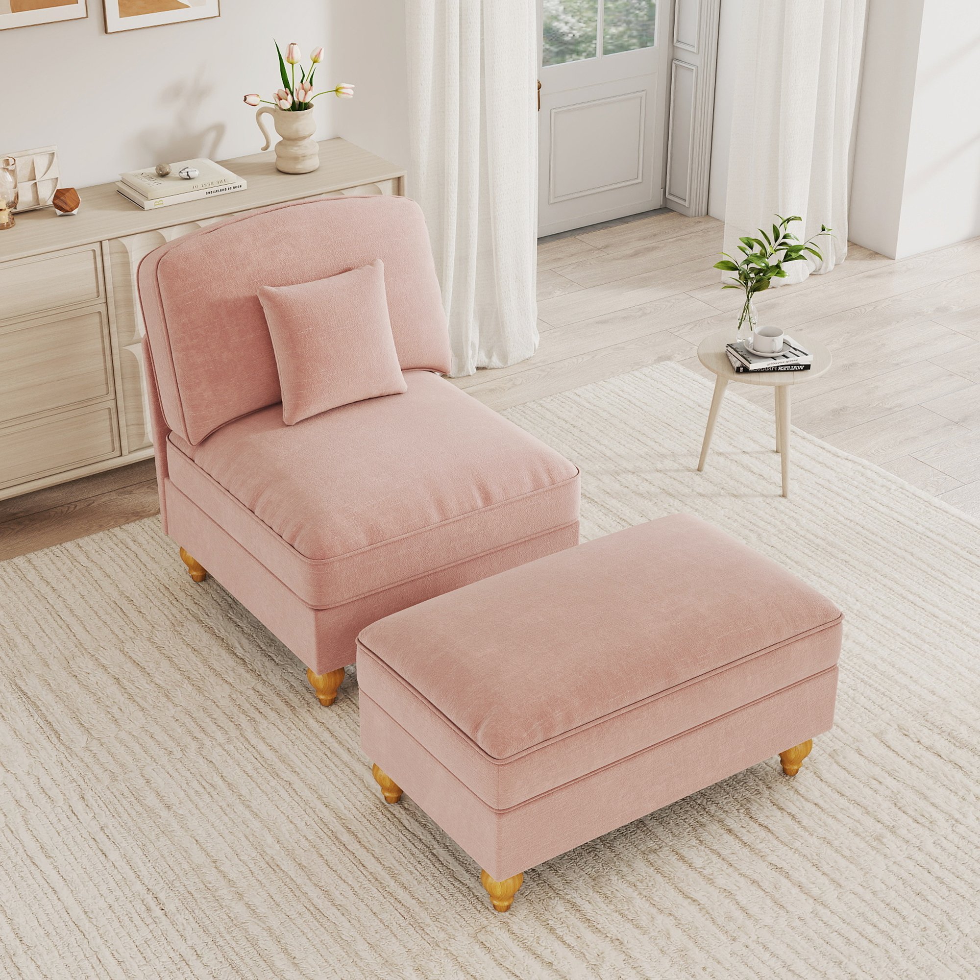 Fauteuil Lounge Rembourré Chenille Rose, Structure Mousse Haute Densité, Pieds Tournés et Accoudoirs Fleuris Élégants