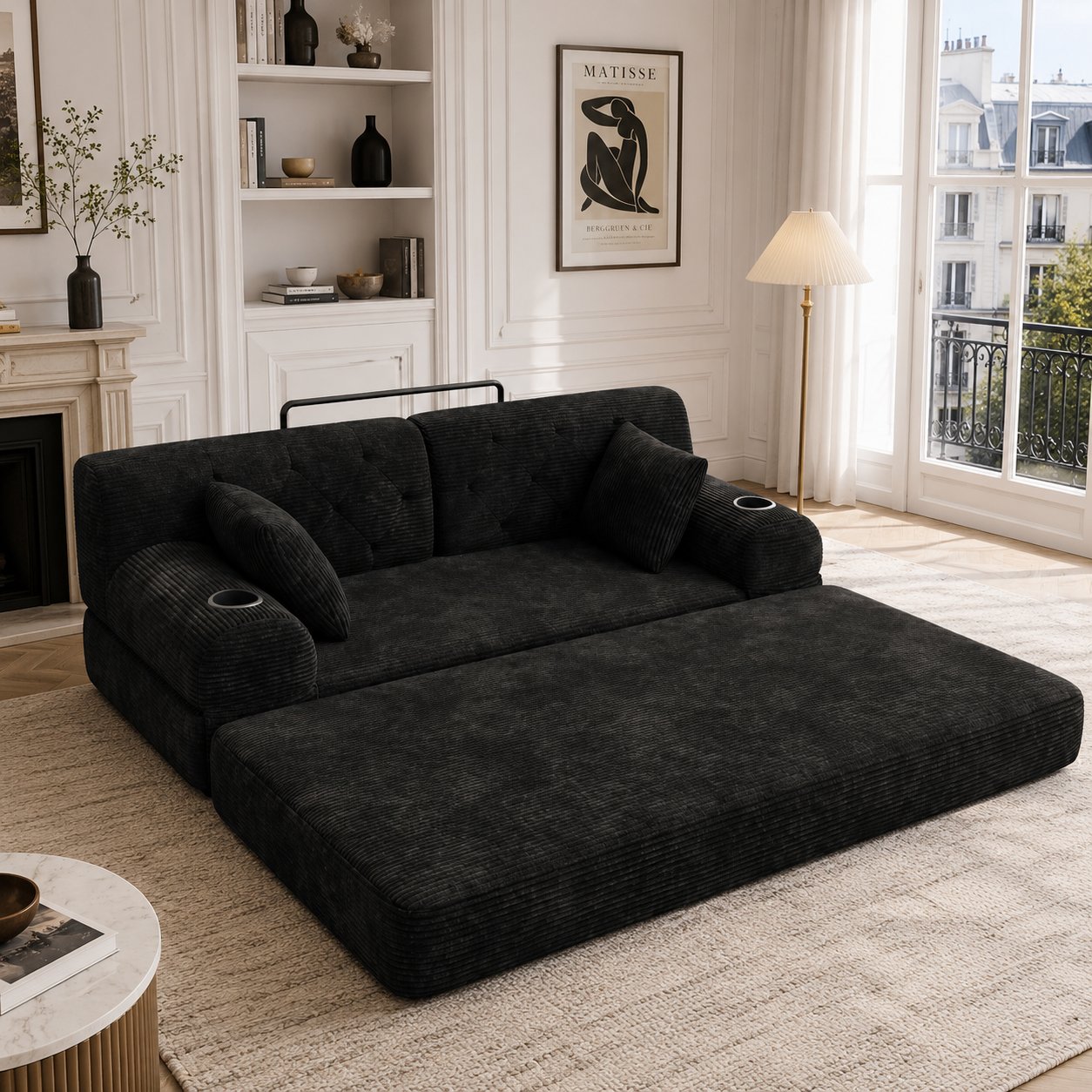 Canapé-lit corduroy noir avec cadre en métal, rembourrage mousse haute densité, design capitonné, 208x80x81 cm, prêt à l'emploi