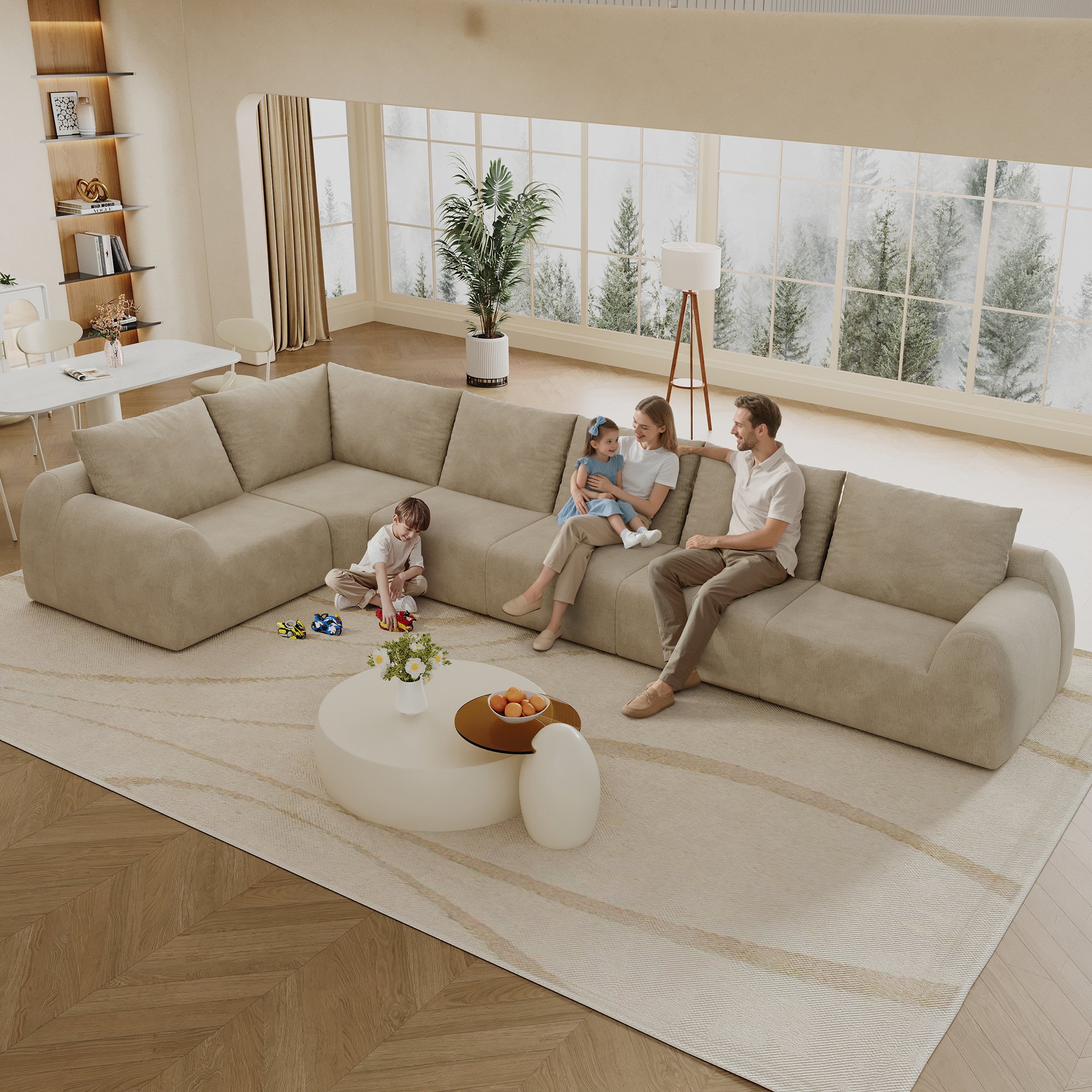 Canapé d'angle 401x200x85 cm en tissu chenille khaki, rembourrage mousse haute élasticité, sans montage requis, format compressé pour livraison facile