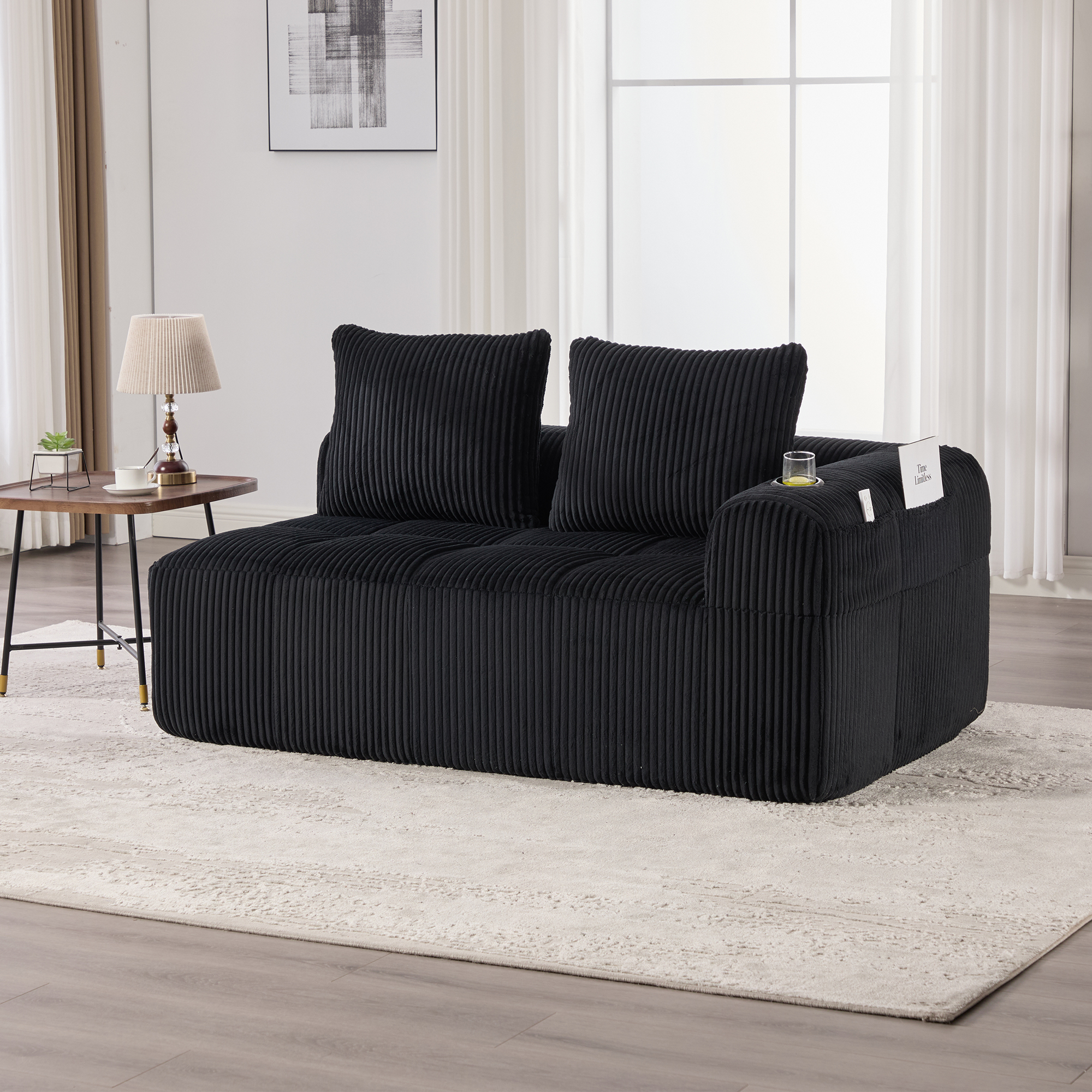 Canapé 2 places en velours côtelé noir, mousse haute densité et ressorts avec porte-gobelets intégrés