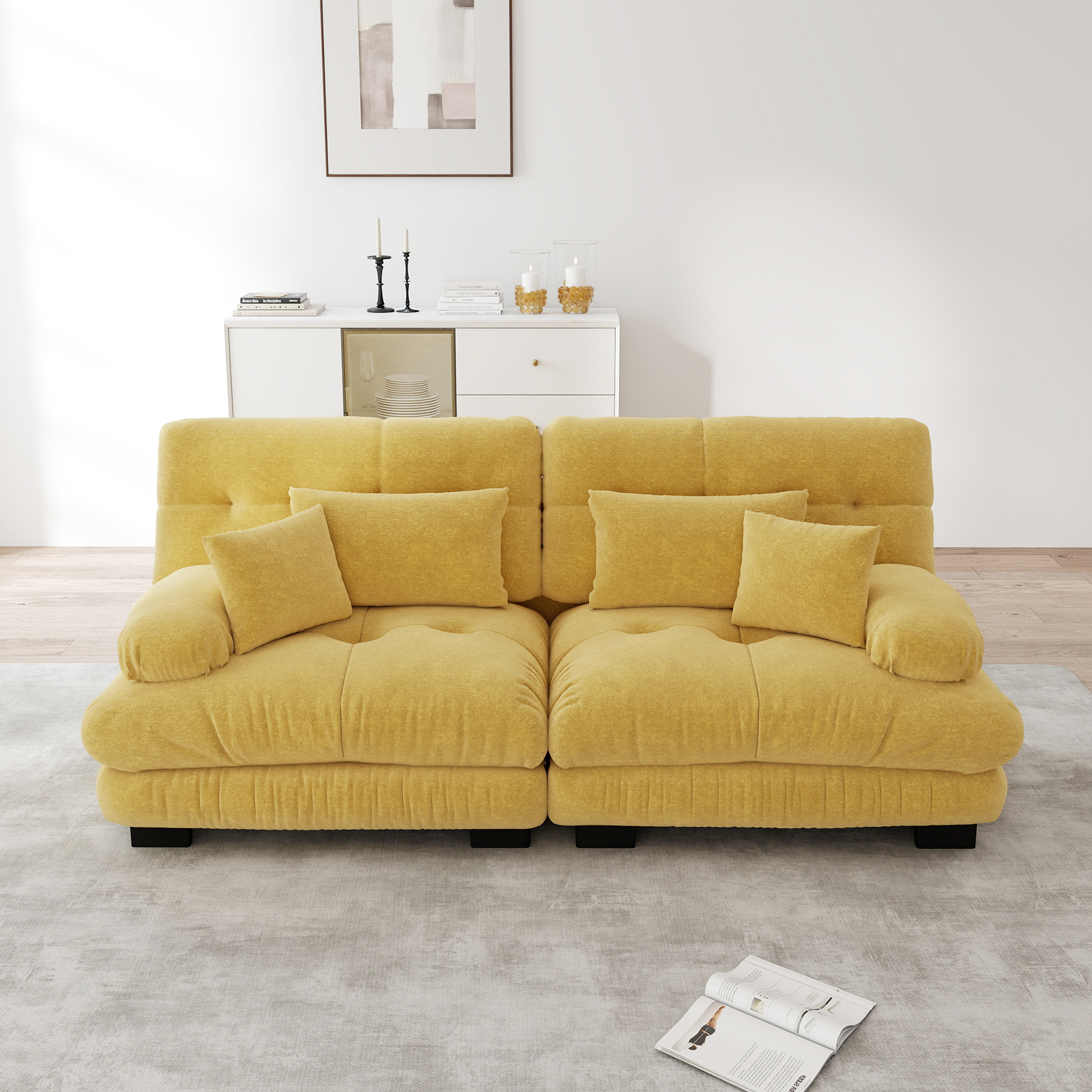 Canapé d'angle modulable en tissu chenille jaune, double sofa avec dossier bas et accoudoirs ronds, cadre en bois massif, idéal salon