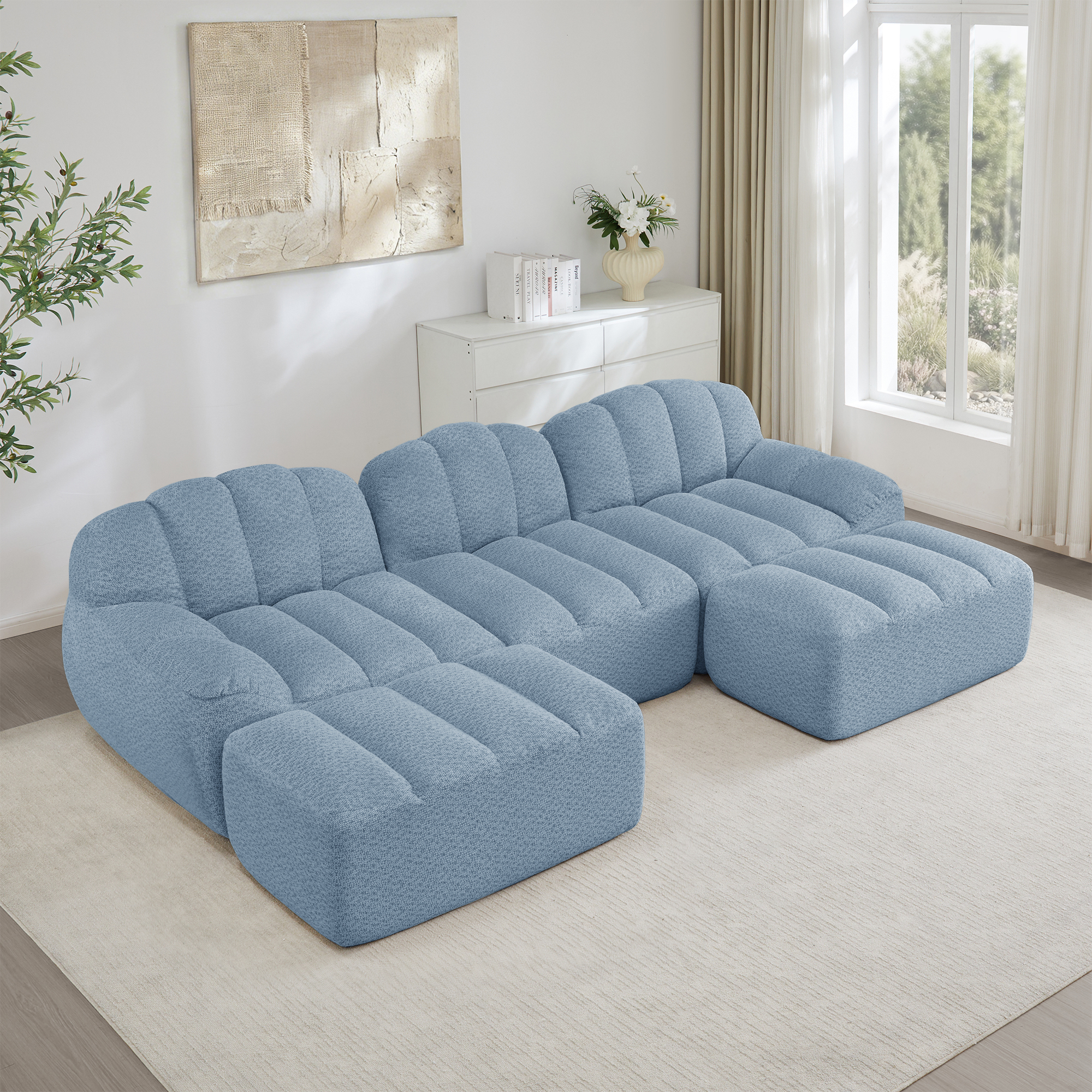Canapé Modulable 3 Places Bleu, Dimensions 288x165x79 Cm, Canapé Panoramique En U Avec 2 Ottomans Intégrés Pour Grand Salon