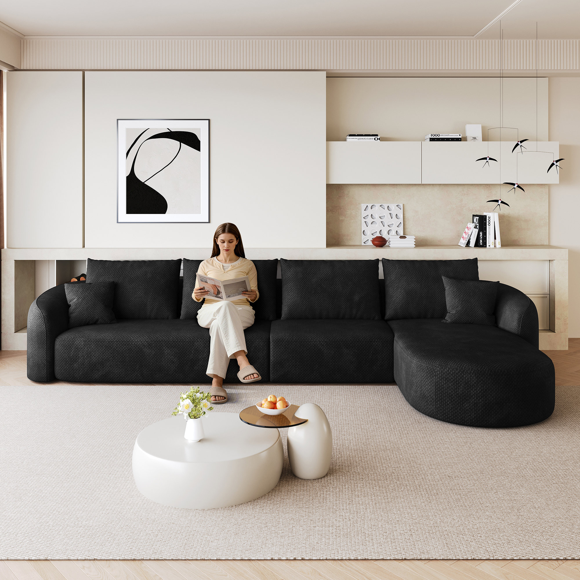 Canapé d'angle modulable en tissu noir 336x168 cm Structure Flottante Sans Bois Design Minimaliste Salon Appartement