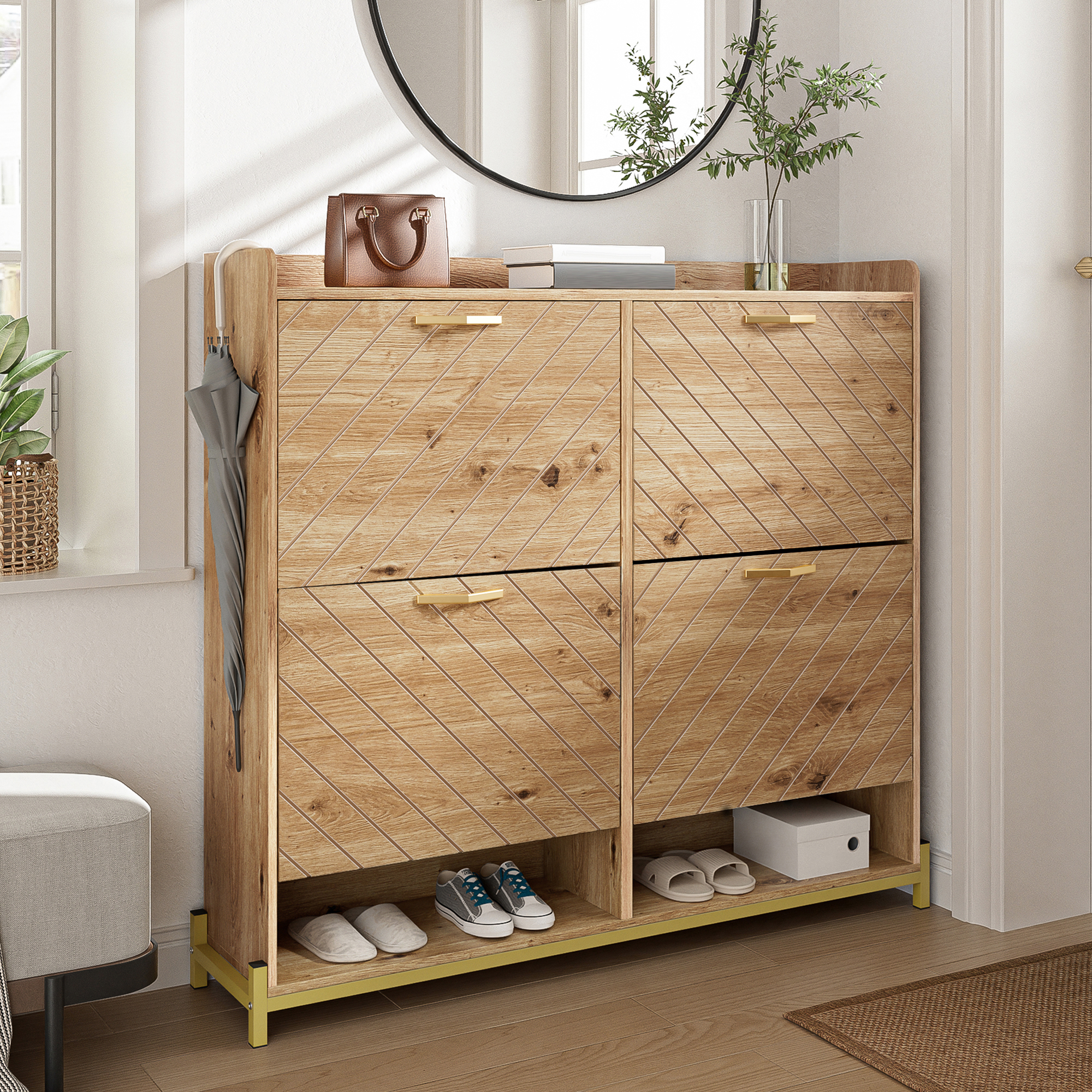 Meuble à chaussures 4 portes en Panneau composite de fibres de bois à densité effet bois, placard rangement chaussures pour entrée, dimensions 108,5 x 24 x 100 cm