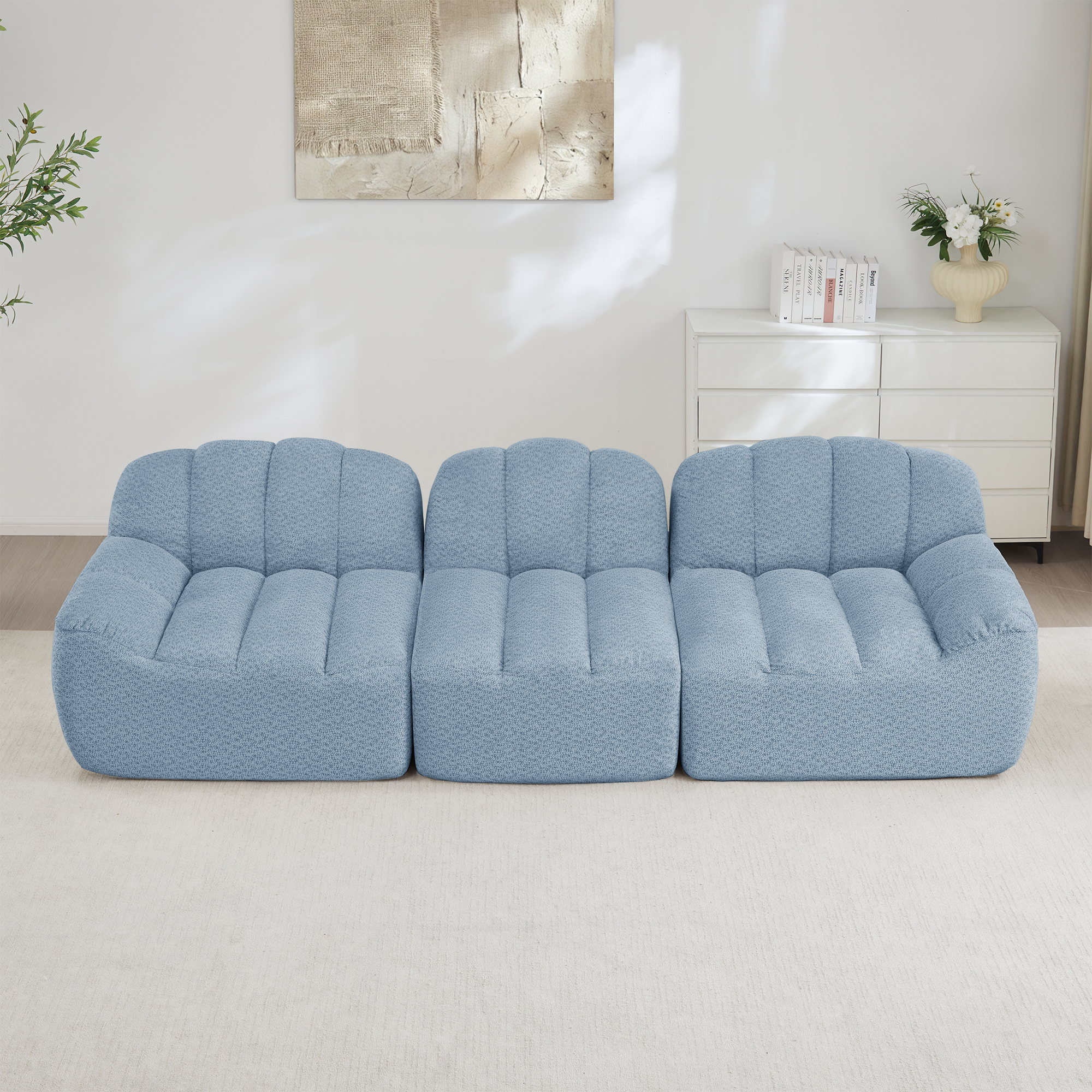 Canapé Modulable 3 Places Bleu, Canapé d'Angle Sans Dossier en Tissu Granuleux, Rangement Intégré pour Salon Contemporain