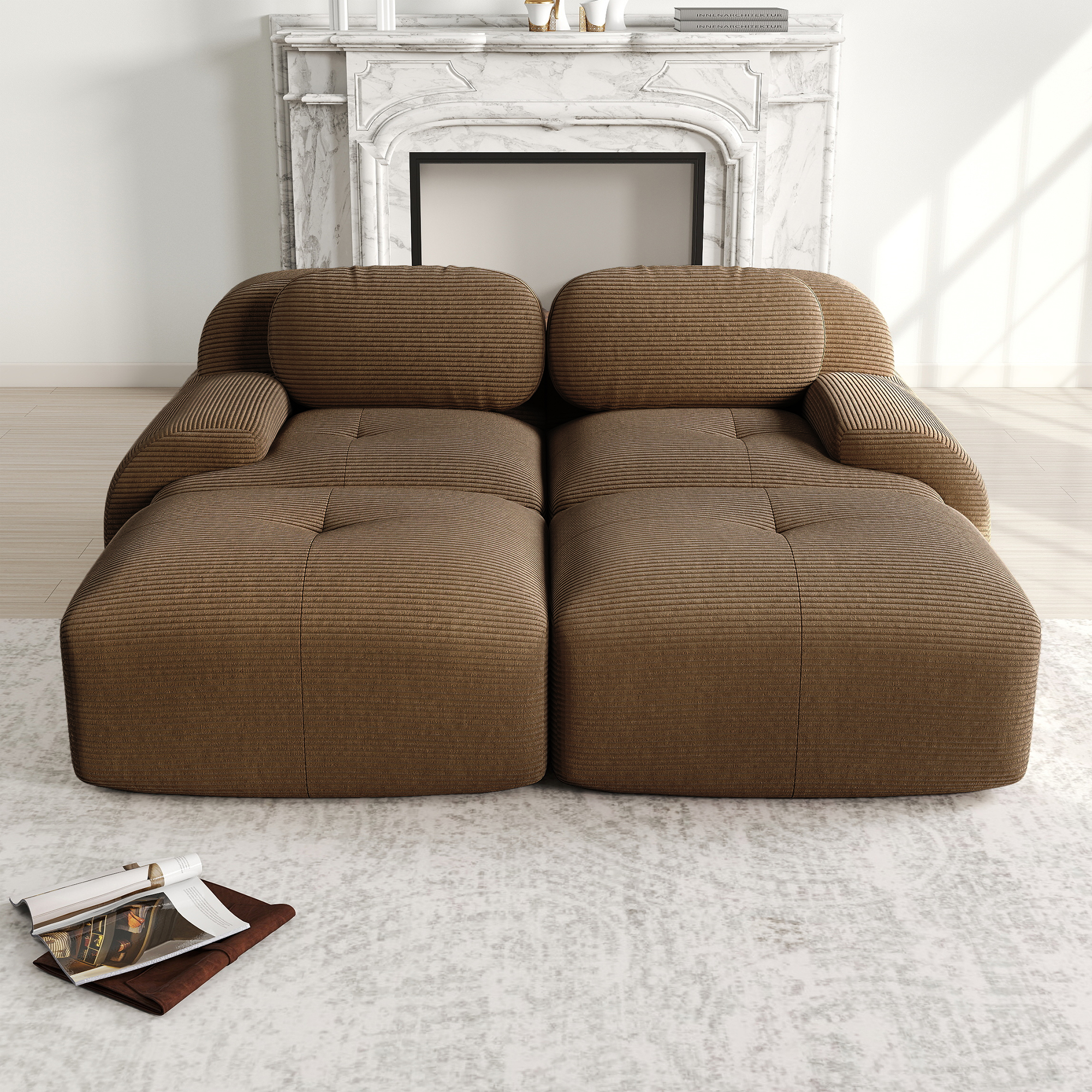 Canapé d'angle 2 places en cordonnet marron pour salon et chambre, modulable sans montage et base antidérapante