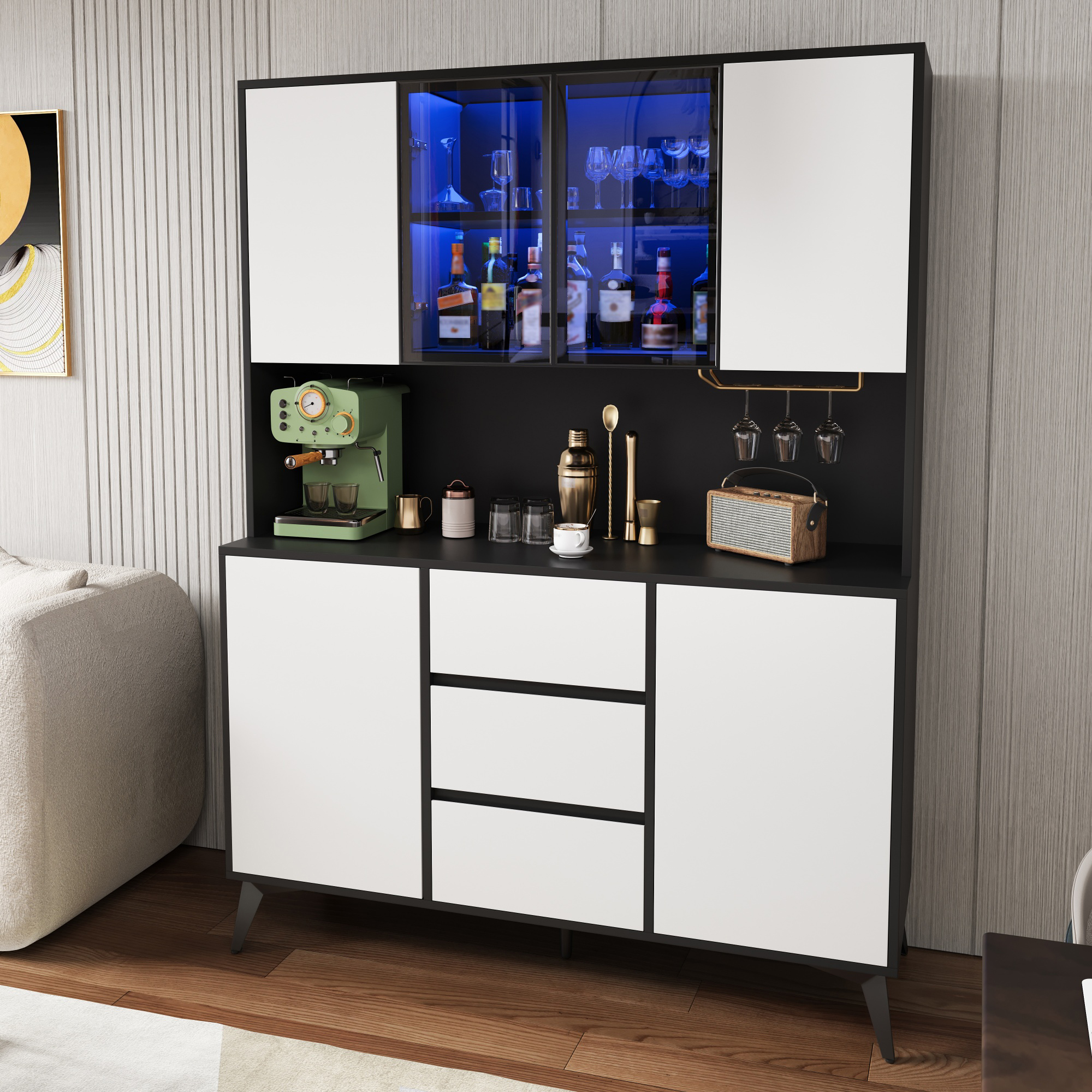 Buffet de cuisine moderne LED RGB, Meuble vaisselier 160x40x120 cm avec vitrine verre, 3 tiroirs et porte-gobelets doré