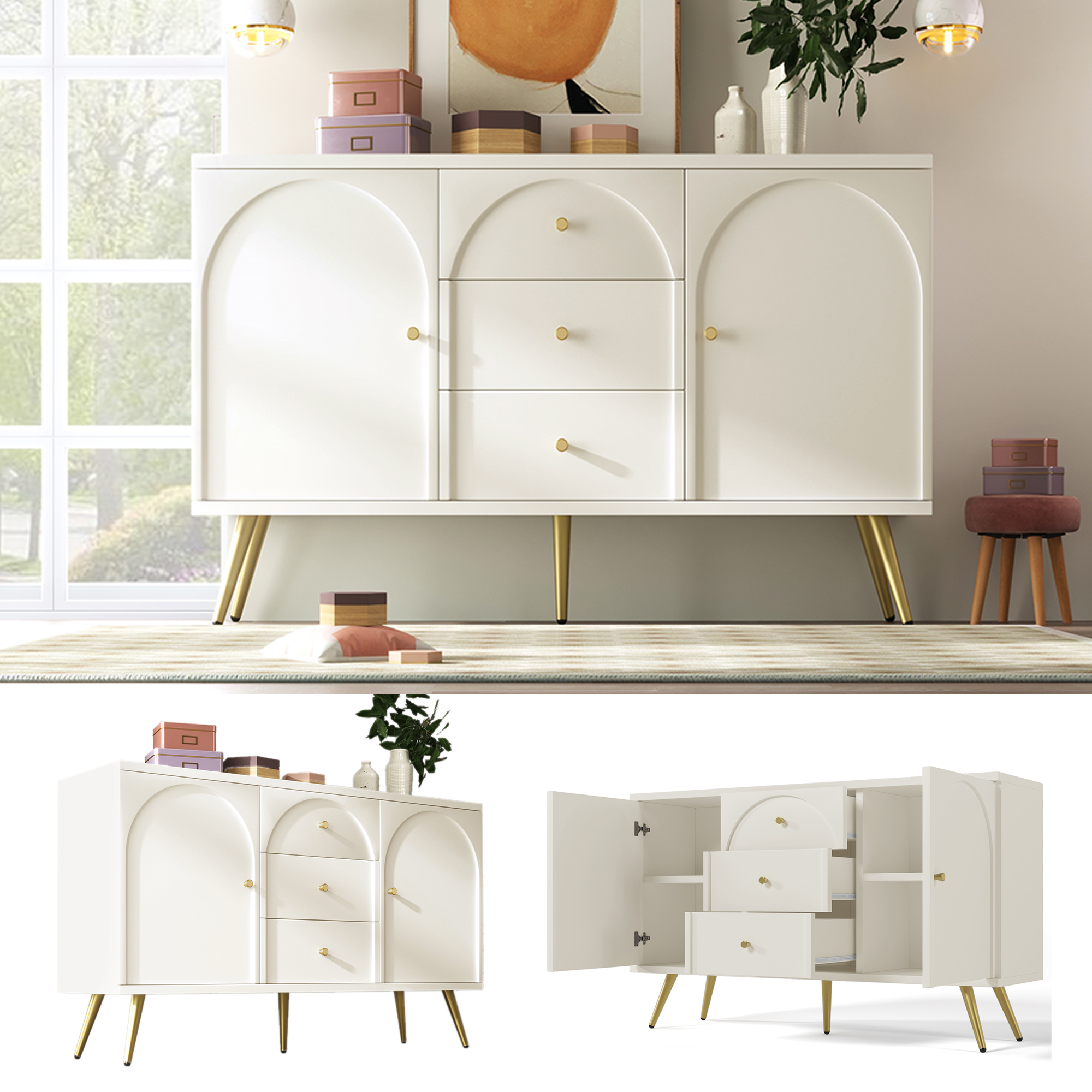 Buffet Blanc 140x84x40 cm, Meuble Bas avec 2 Portes Latérales et 3 Tiroirs Centraux, Idéal pour Stockage Salon et Chambre