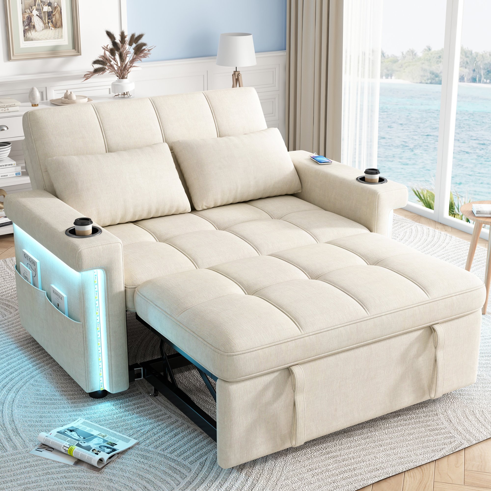 Canapé-lit convertible 2 places en tissu chenille beige avec LED, ports USB Type-C, dossier réglable et porte-gobelets intégrés